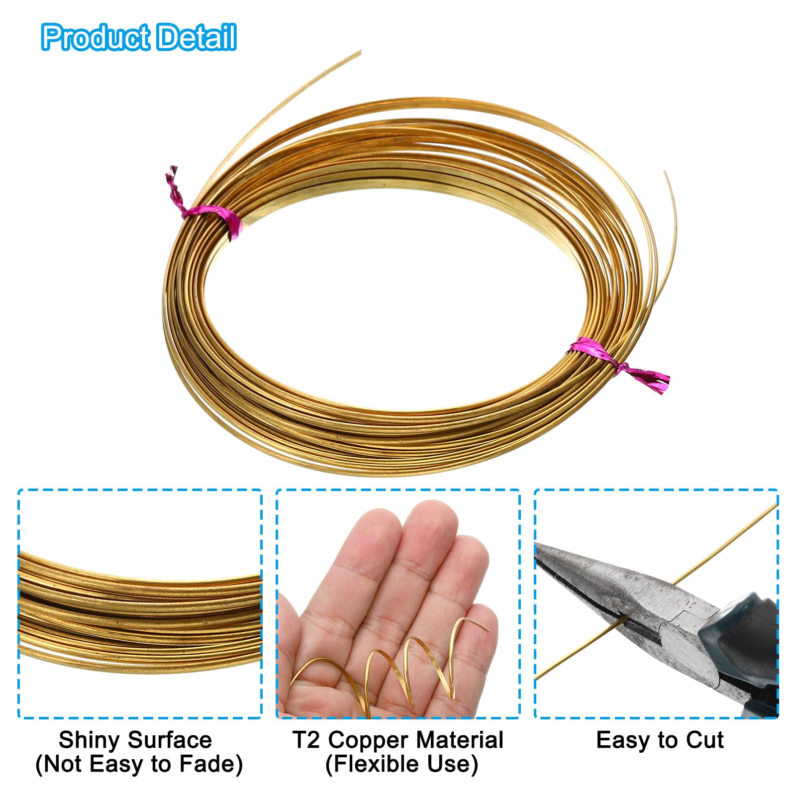 PATIKIL Half Hard Brass Wire, 1Pcs 15Gauge/1.5x0.6mm Diameter 6m/19.68ft Craft Wire for Jewelry Making Beading Garden Plants - Image 4