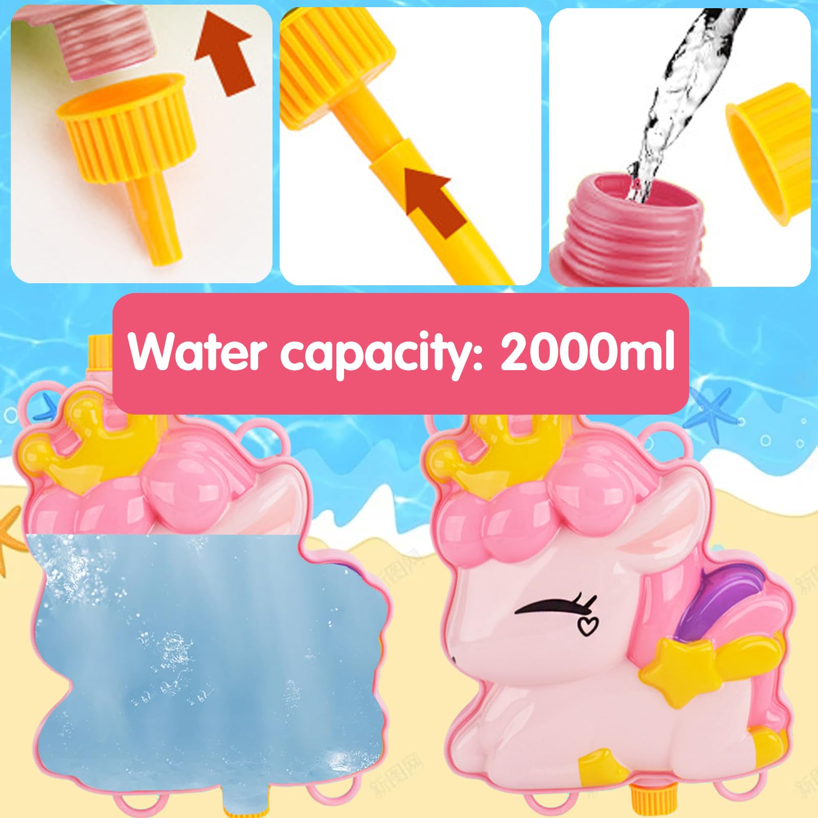 Pistola De Agua Con Mochila Para Niños - Capacidad 2000CC, Alcance 8m, Diseño Unicornio O Dinosaurio, Ideal Para Verano