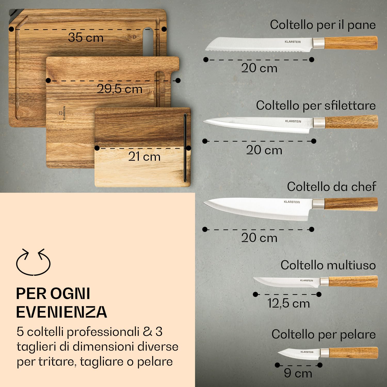Klarstein Coltelli da Cucina Professionali 5 Pezzi, Set Coltelli da Cucina con Ceppo Magnetico, 5 da in Acciaio Legato, Set da Professionali Anti Graffio