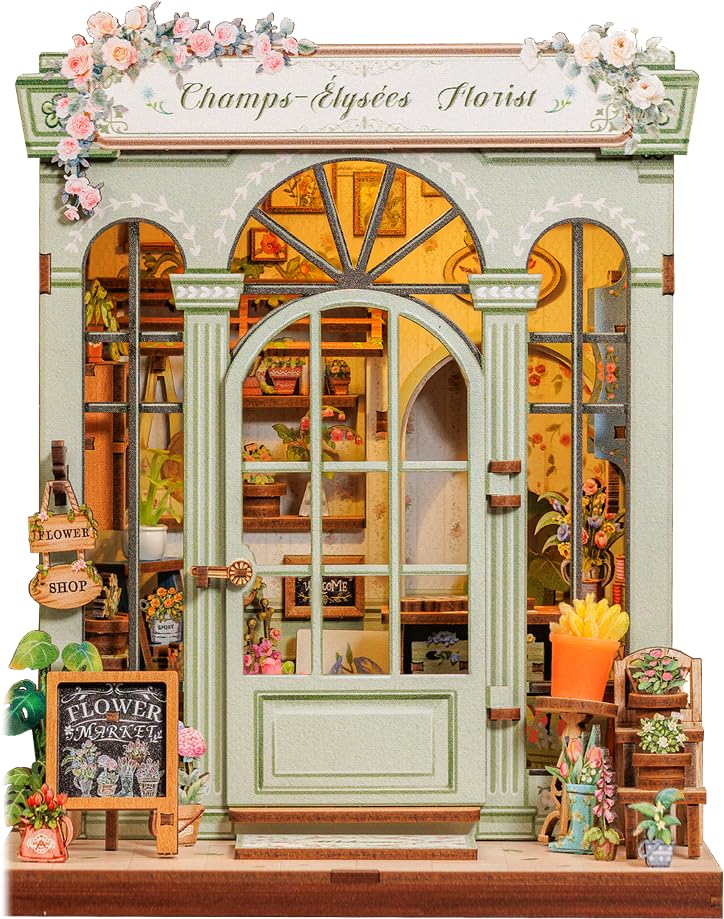 CUTEBEE Book Nook Kit   Casa en Miniatura para Construir con Iluminación LED, Estantería & Estilo Floristería, Juego Decorativo Creativo para Adultos, Regalo Ideal (Floristería Champs Élysées)