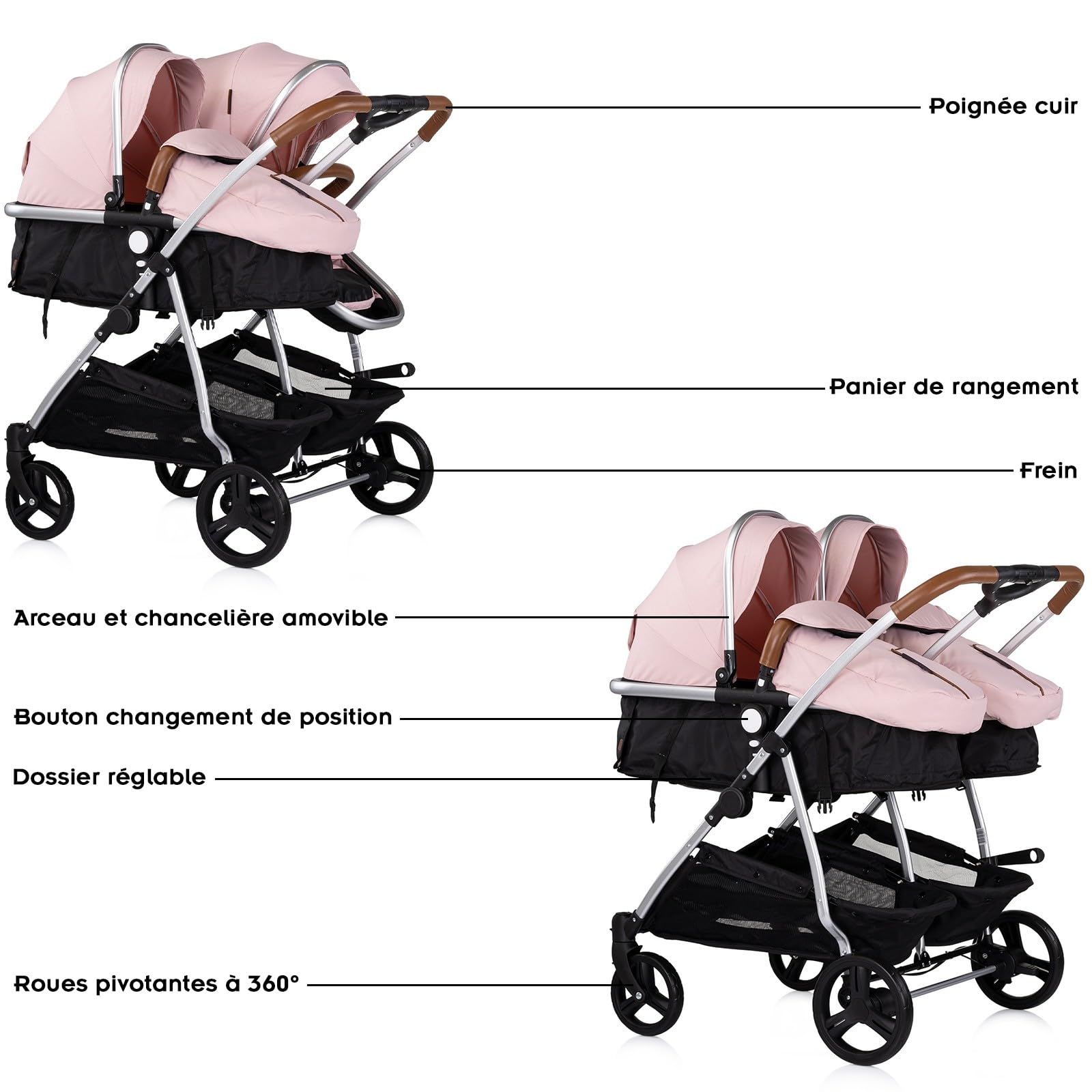 DUO SMART Cochecito para gemelos o niños de edades cercanas ancho 79 cm Rosa sin cosy