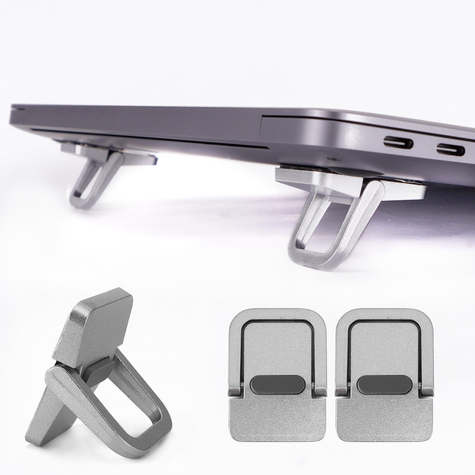 2 Pack Mini Laptop Stand - Portable Foldable Self-Adhesive Ergonomic Riser for Laptops Tablets Silver - Space Saving