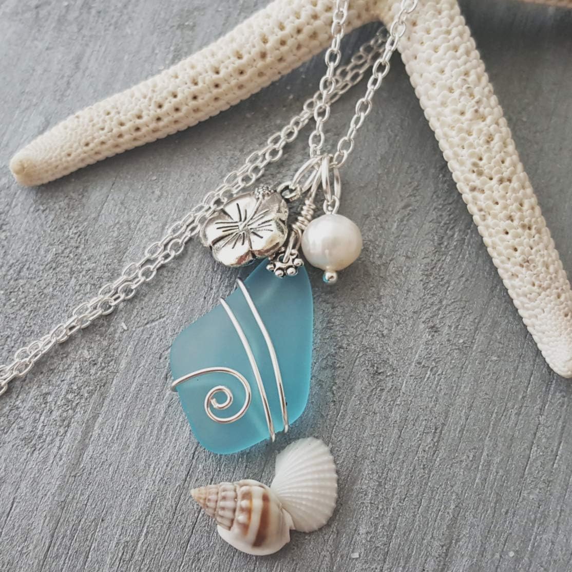 yinahawaii Handmade Sea Glass Necklace, Hawaiian Jewelry For Women, Wire Turquoise Bay Blue Necklace Hibiscus Pearl Necklace, Beach Jewelry Birthday Gift (December Birthstone) (Non-Personalized)