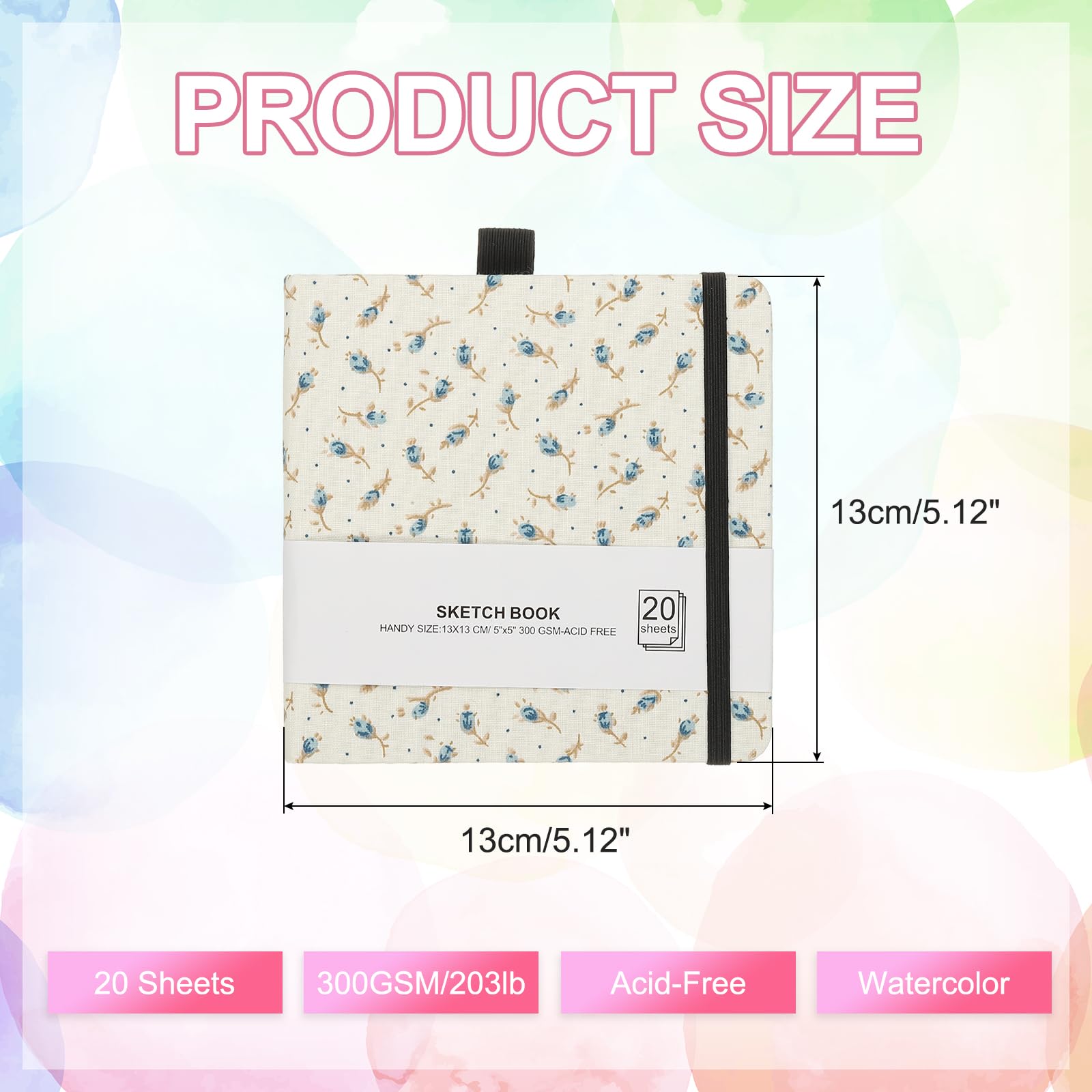 PATIKIL 5.1x5.1 Watercolor Sketchbook, 20 Sheet 300GSM/203lb Watercolor Paper Sketchbooks Acid Free Watercolor Journal Hardcover Artists Paper Pads with Pen Holder, Blue Flower