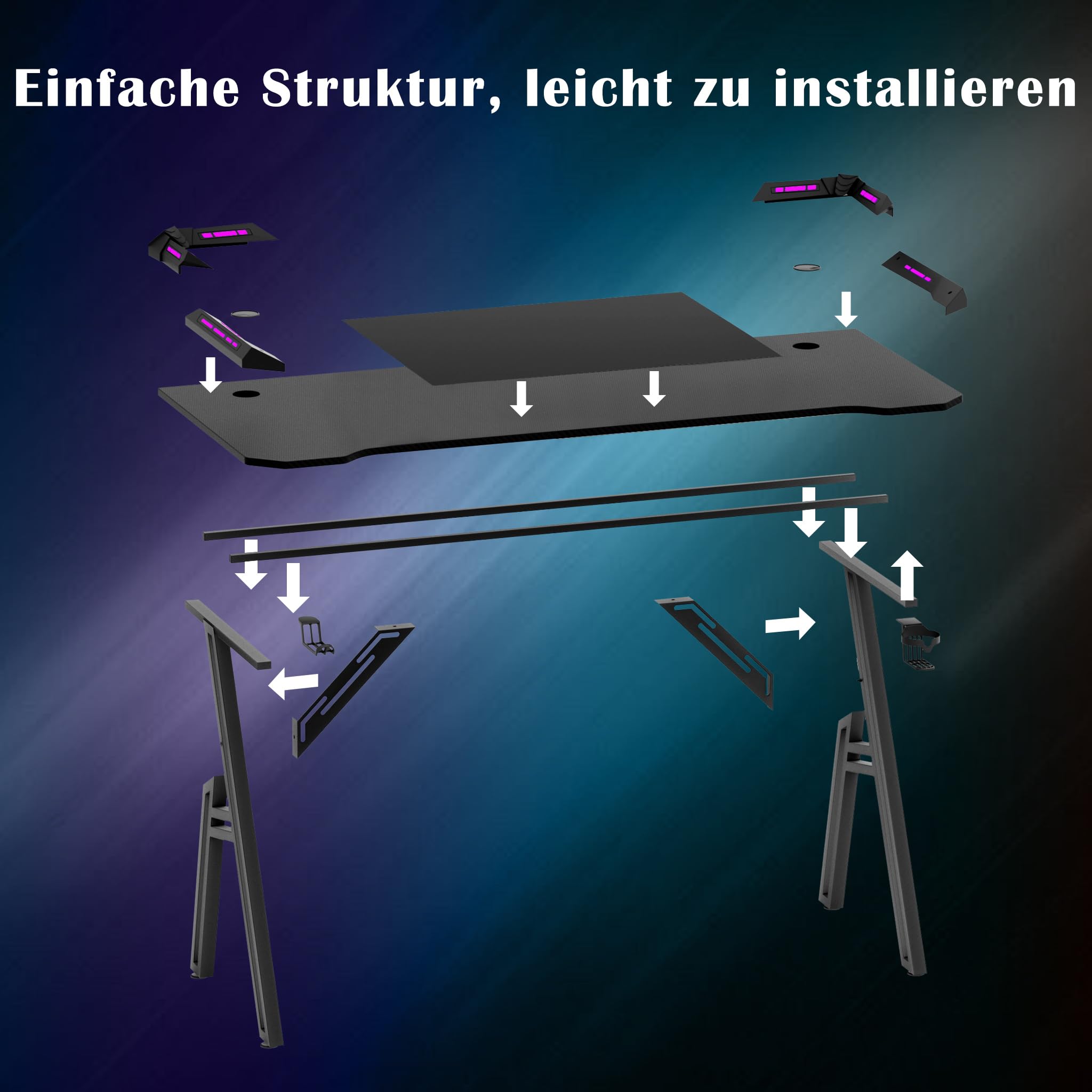 NAIZY Table de jeu 140 cm avec support pour casque et porte-gobelet, bureau en fibre de carbone pour gamer, bureau d'ordinateur ergonomique avec trou pour câble et LED
