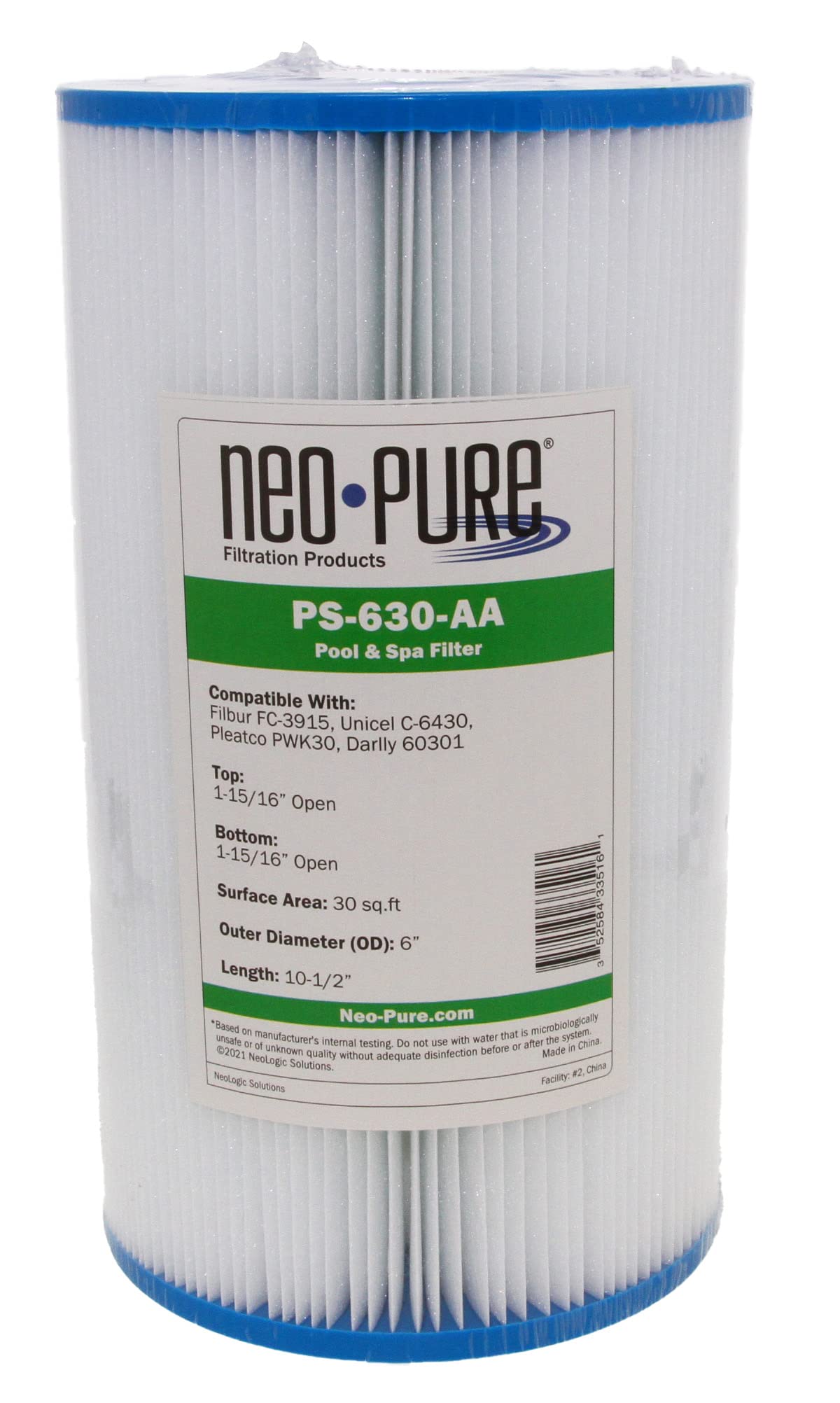Neo-Pure PS-630-AA Pool and Spa Filter 6” x 10-1/2" Compatible with Filbur FC-3915, Aladdin 13004, Baleen AK-5005, Darlly 60301, Excel XLS-602, Harmsco H-6430 and Pleatco PWK30