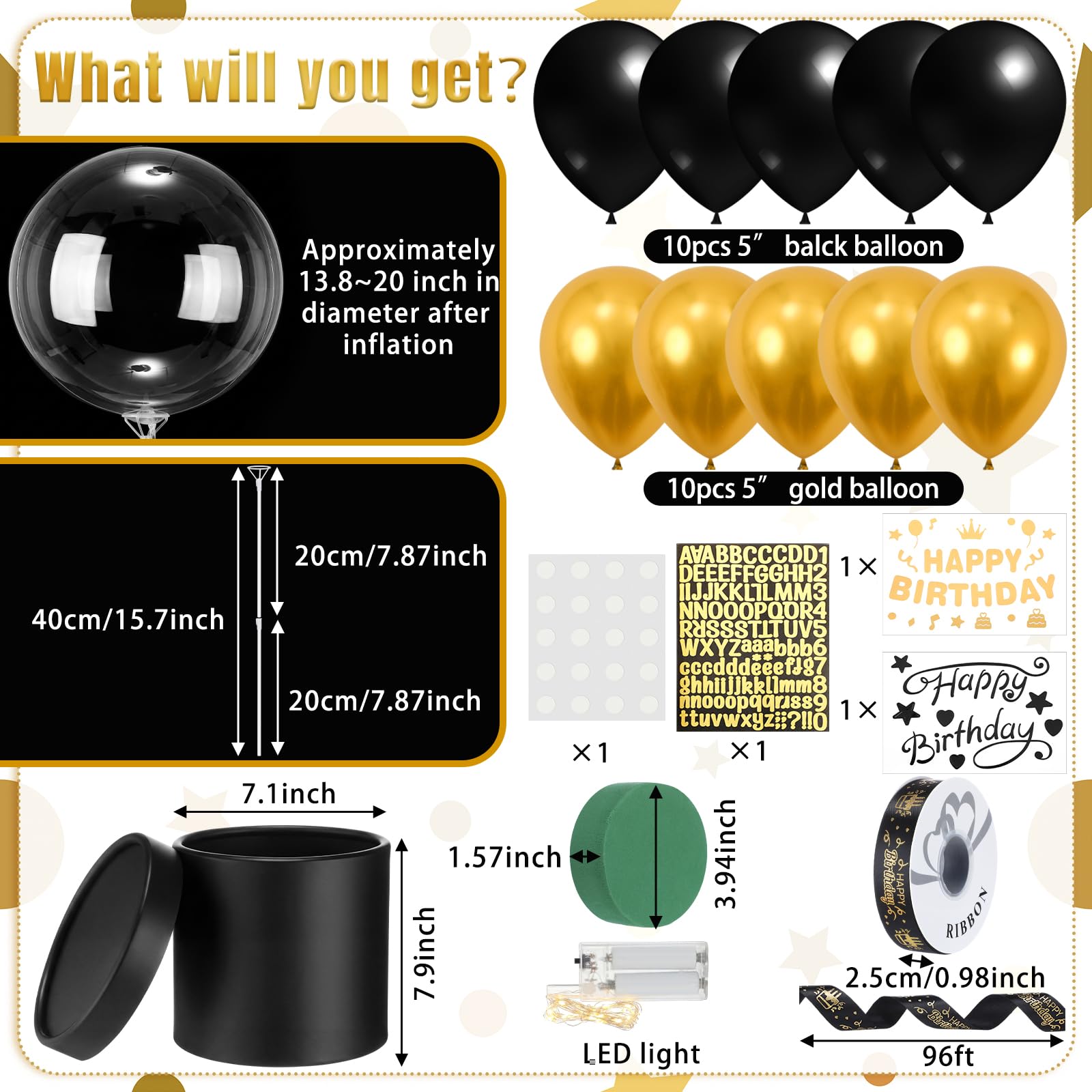 Gemscream Kit de caja de regalo de globos de aire caliente de cumpleaños con globos Bobo de 20 pulgadas, cadena de luces LED, cintas y arcilla floral para mujeres, hombres, amigos, novia, esposa