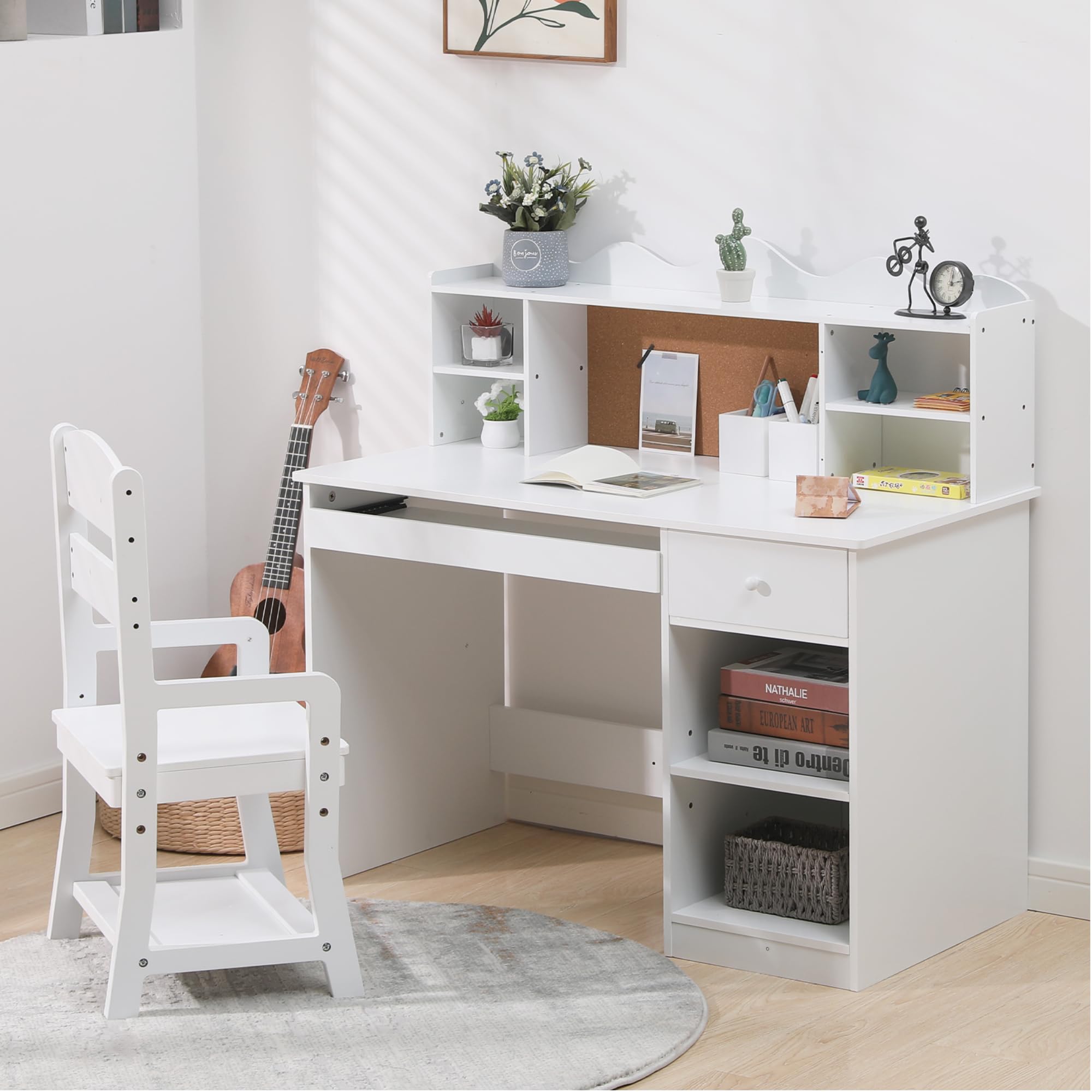 Garvee Study Desk and Chair Set, Learning Desk for Kids - Features Bulletin Board, Keyboard Drawer, Open Shelves and Storage Space- Perfect for Children Ages 3-8