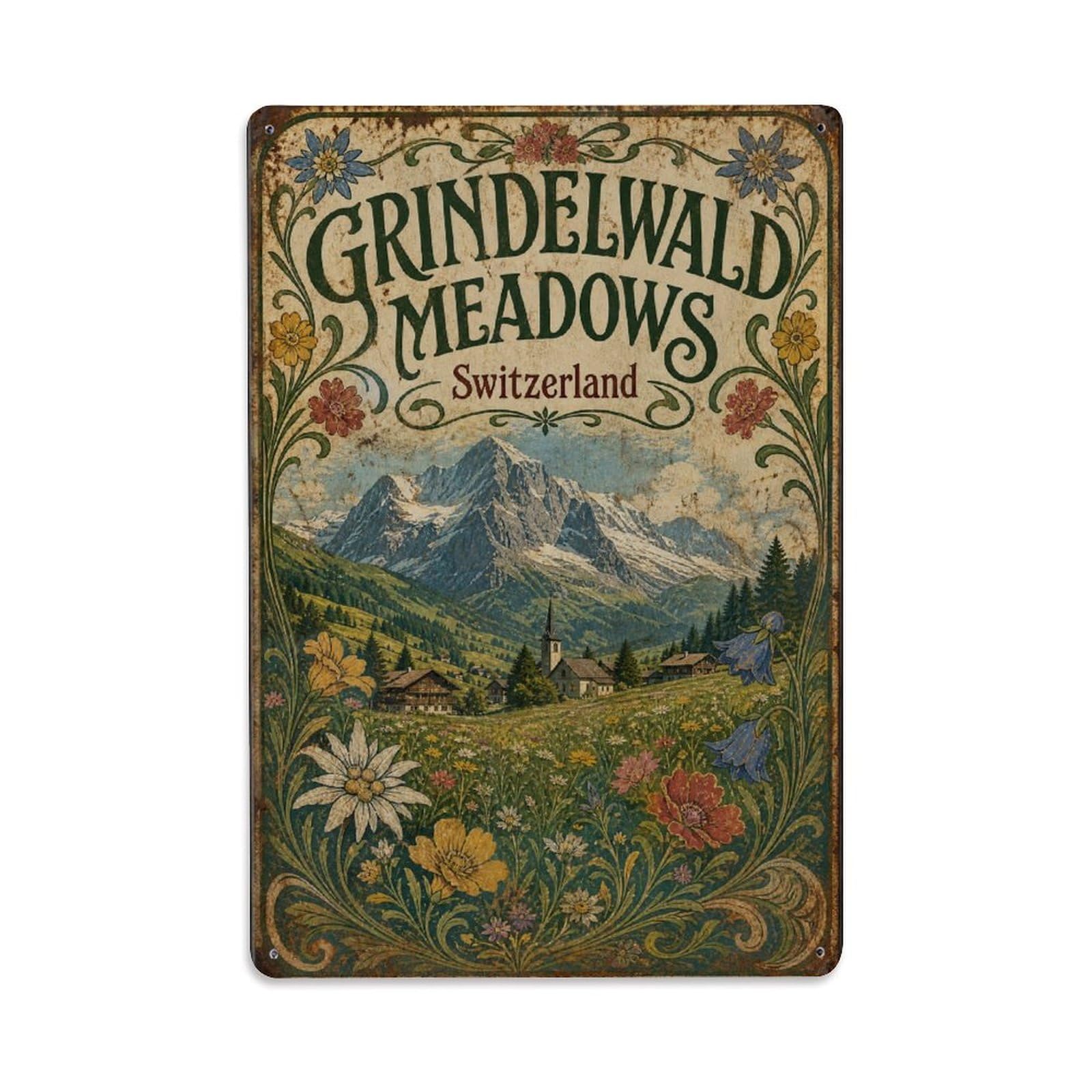 Gead 8X12inch Style Vintage Travel Grindelwald Switzerland Meadows Metal Tin Sign