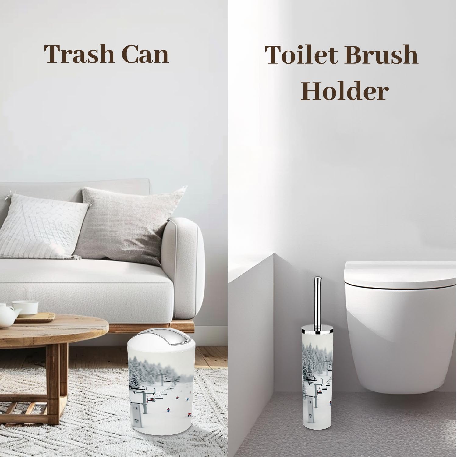 Bathroom Accessory Set 6 Piece Winter Ski Resort Snowy Landscape Skiers Slopes Trash can, Toothbrush Holder, Soap Dispenser, Soap Dish, Toothbrush Cup, Toilet Brush Holder