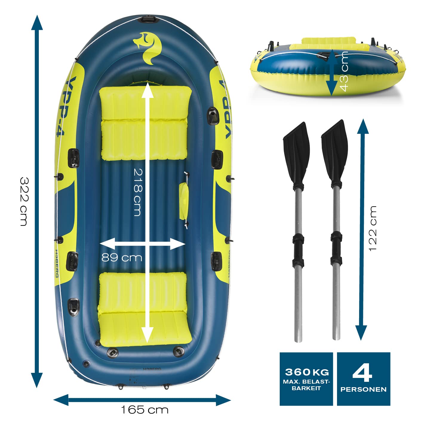 Hoberg Schlauchboot 4-Sitzer YPP-4" | Für 4 Personen | Maße 322 x 165 cm & bis 360 kg belastbar | Mit 2 Sitzbänken, 2 Paddeln, Pumpe, Reparatur-Kit, 2 Angelhalterungen & weiterem Zubehör [Blau/Gelb]