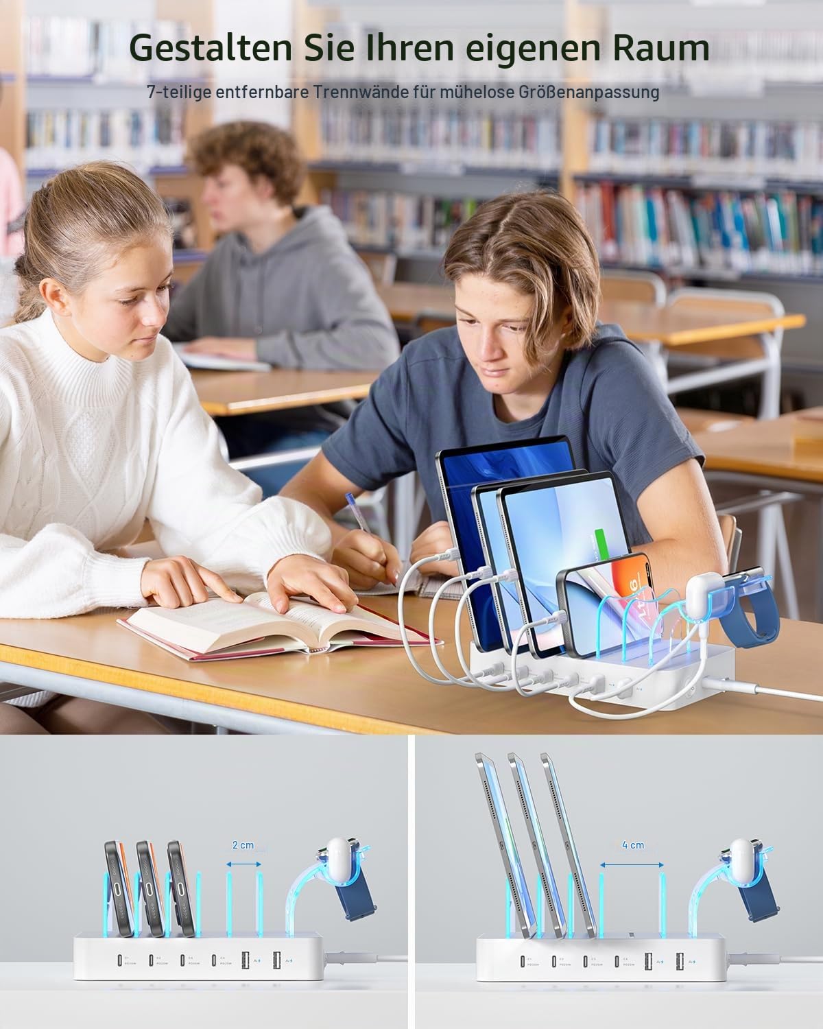 SooPii 90W USB C Ladestation für mehrere Geräte mit 6 Nylon Kurzen Kabels | 6-Port Multi Ladestationen mit PD 20W Ladedock für lPhone, Galaxy, iPad, Tablet und weitere elektronische Geräte,Weiß