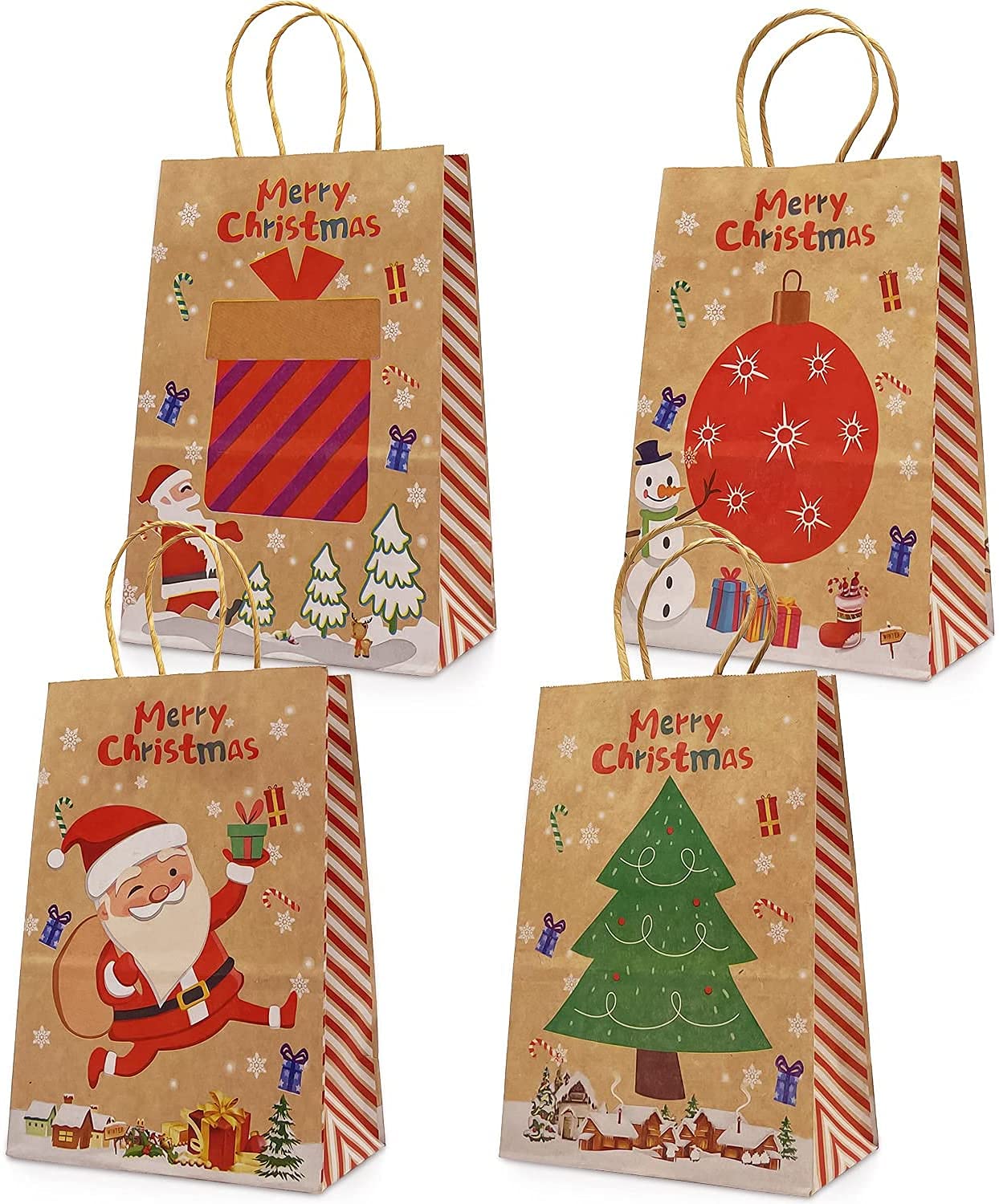 Musolaree Pack of 12 Kraft Christmas Gift Bags with Handles, Christmas Print, DIY Wrapping for Children's Christmas Gift (L)
