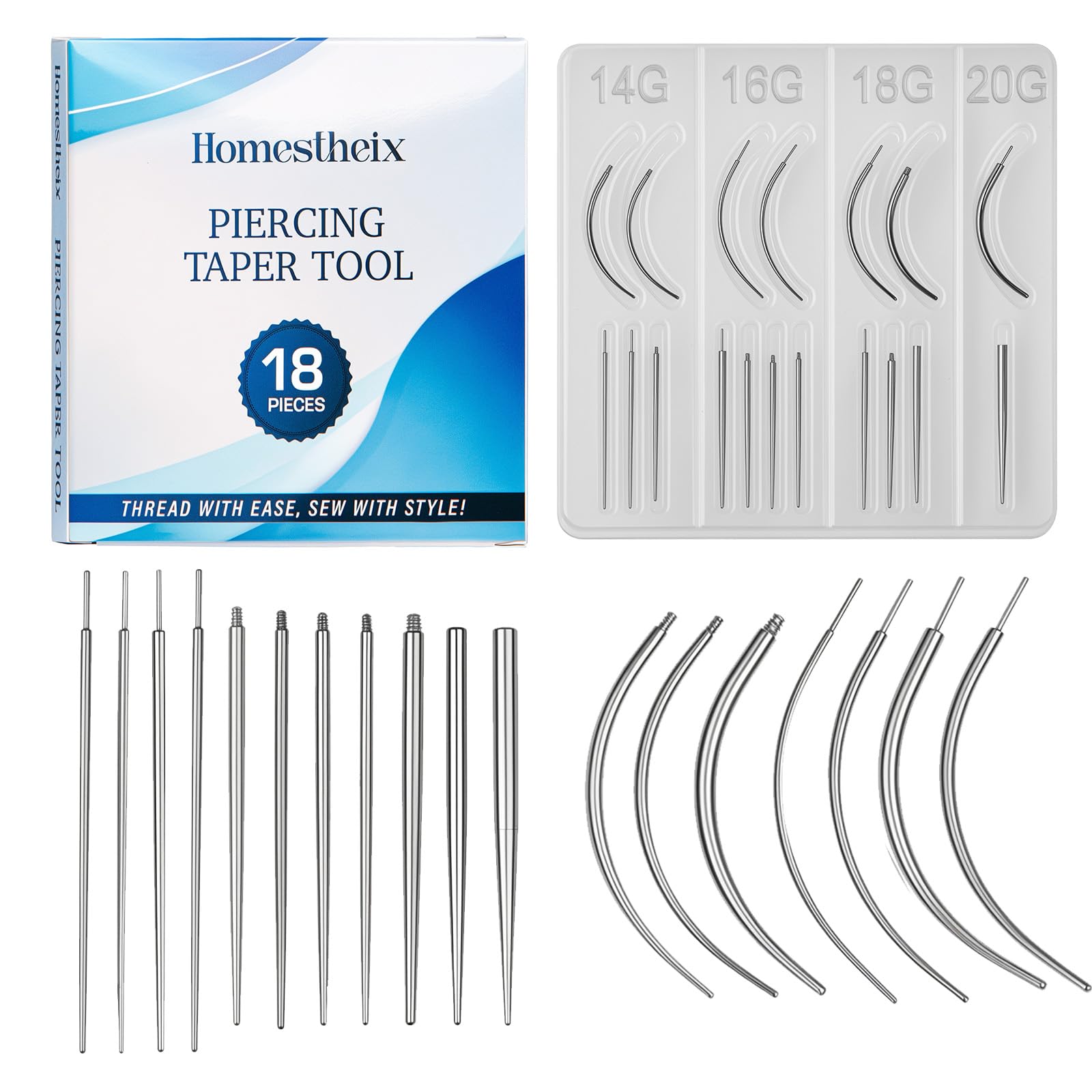 Piercing Taper Tool 18Pcs - 14G, 16G, 18G, 20G, Straight, Curved Needles - Piercing Insertion Tool Set for Nose Studs, Lip Rings, Earring - Changing