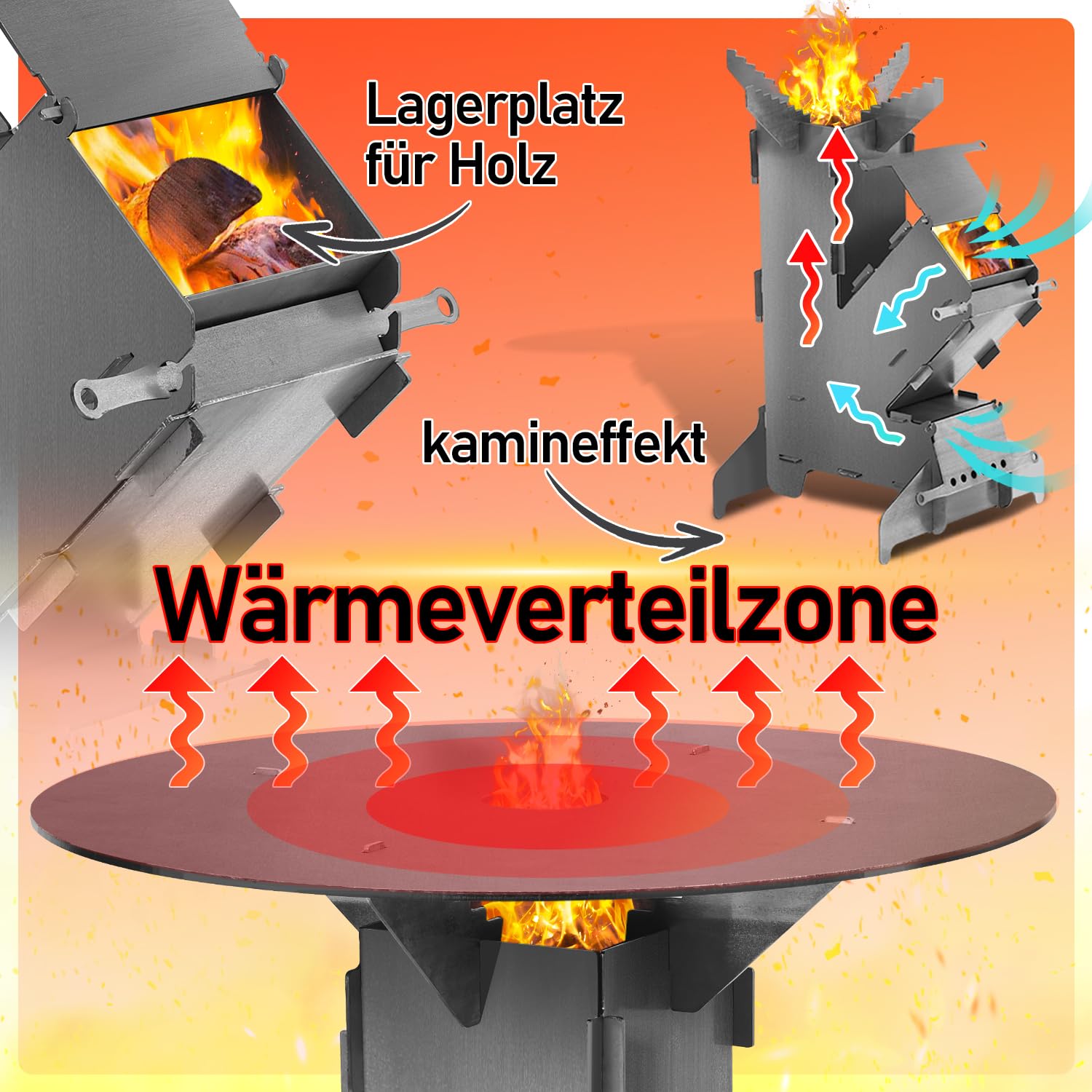 Raketenofen inkl. Grillplatte und Feuerhaken Rocket Stove Stecksystem aus massivem 3 mm dickem Stahl Campingkocher mit 2 zusätzlichen Standfüßen Kanonenofen BBQ Rakete Holzofen