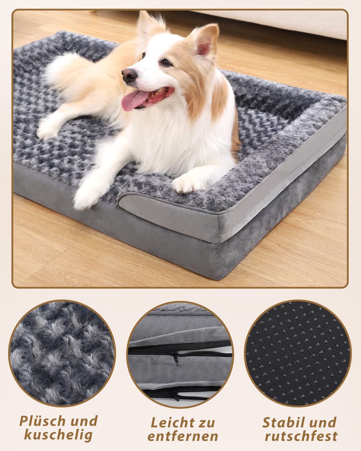 KSIIA Hundebett Grosse Hunde Orthopädisches, Bezug der Basis Armlehnen abnehmbar waschbar, Wasserdicht Innenfutter, XL-Plus Hundesofa Hundekorb erhöhte Ränder rutschfeste Unterseite, Hundecouch grau
