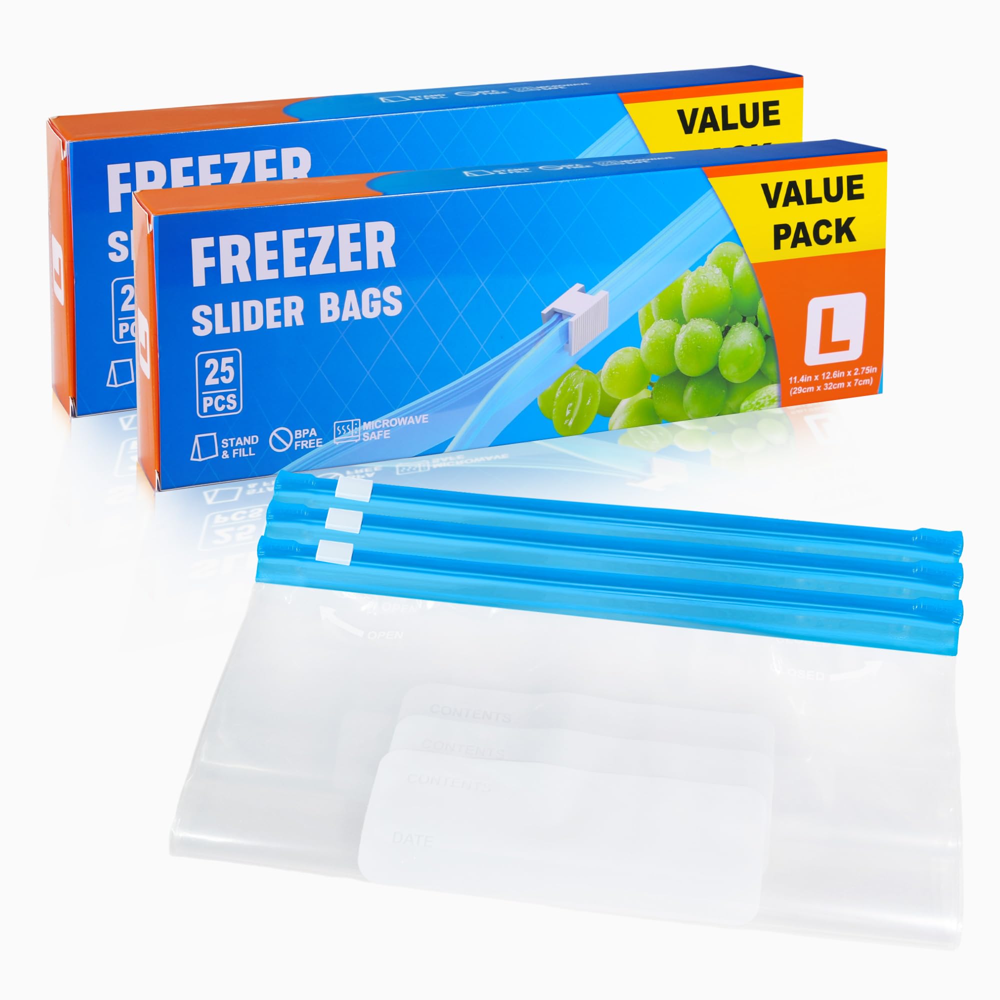 Norvens Clear 50 Pcs Ziplock Freezer Bags, Slider Freezer (6L) - Reusable Ziplock Bags With Expandable Bottom Zip Lock Bags For Sandwich,Fruits, Meats, Vegetables, Snacks, And Essentials
