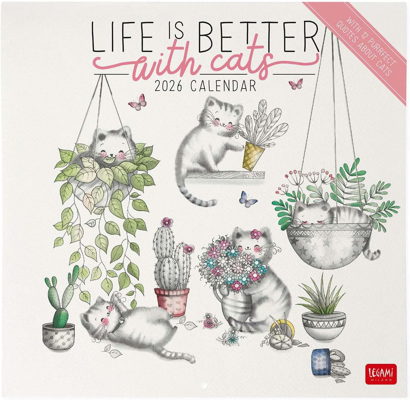 Legami - 2026 Wall Calendar, Sketchy Cats Large Wall Calendar, 12 Months and Year Planner, English, Space for Notes, Zodiac Signs, International Holidays, 30 x 29 cm