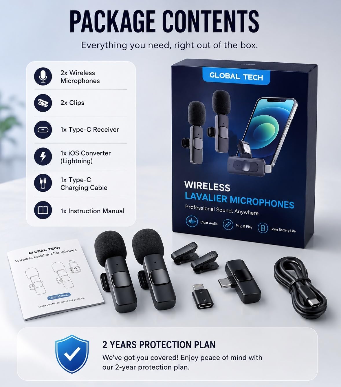 GLOBAL TECH Microfoni Lavalier wireless per iPhone/Android/iPad/tablet – Confezione da 2 mini microfoni wireless a clip per registrazione video, podcast, vlogging, Youtube, live streaming