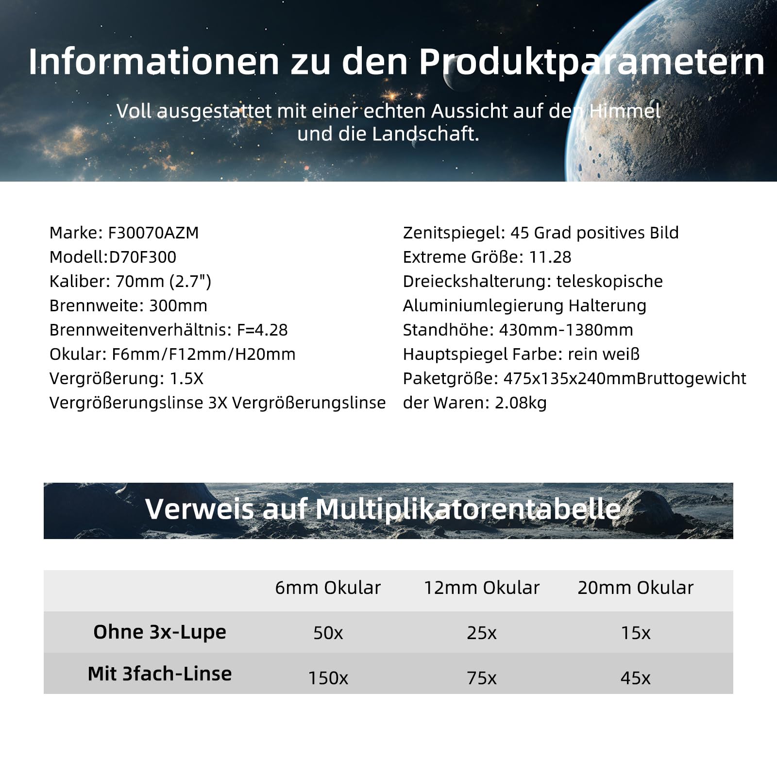 ACESOME Teleskop für Kinder Erwachsene, Telescope Astronomy Vergrößerung 15-150x, 70mm Spiegelteleskop, Teleskop mit Handyhalterung und Sonnenfilterfolie