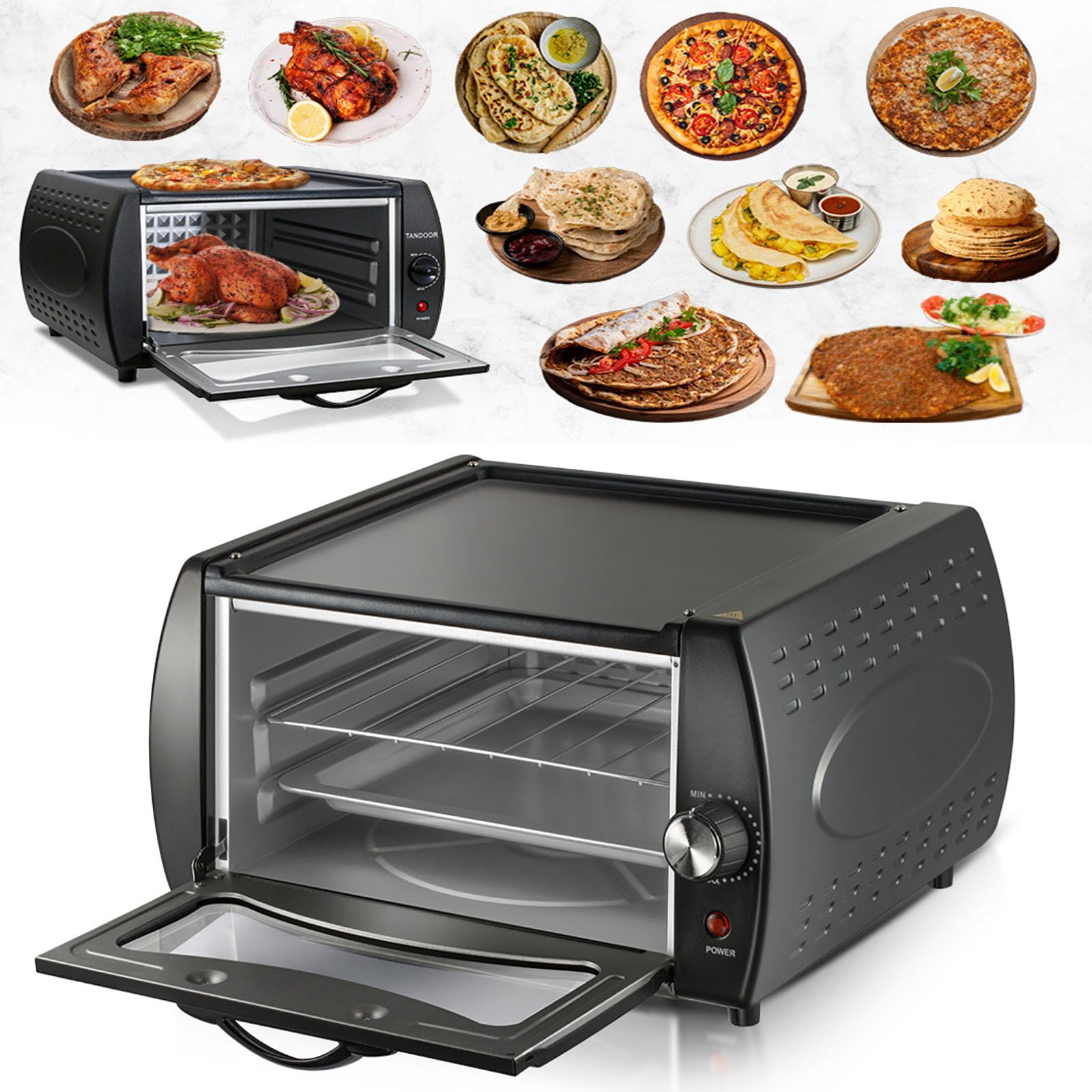 Elektryczny piekarnik tandoori i urządzenie do pieczenia pizzy – piekarnik do pizzy o pojemności 15 l z dyskiem i zaciskiem, regulowana kontrola temperatury – idealny do pieczenia, grillowania i