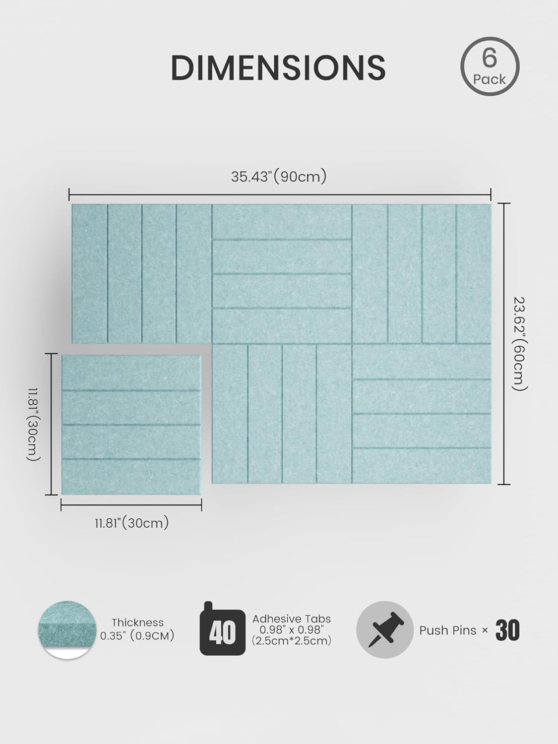 Bumusty Large Cork Board Alternative-36 x 24" Felt Bulletin Board Tiles, with 30 Pushpins, 40 Adhesive Tabs, Bold-Stripe 6-Pack, Cork Boards for Office Push Pin Board Felt Board-Aqua Blue