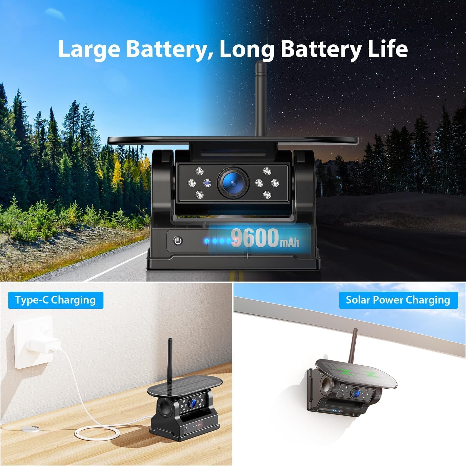 Magnetisch Solar Rückfahrkamera Kabellos 5" 1080P Touchscreen Monitor DVR BSD Infrarot-Nachtsicht IP69K wasserdicht