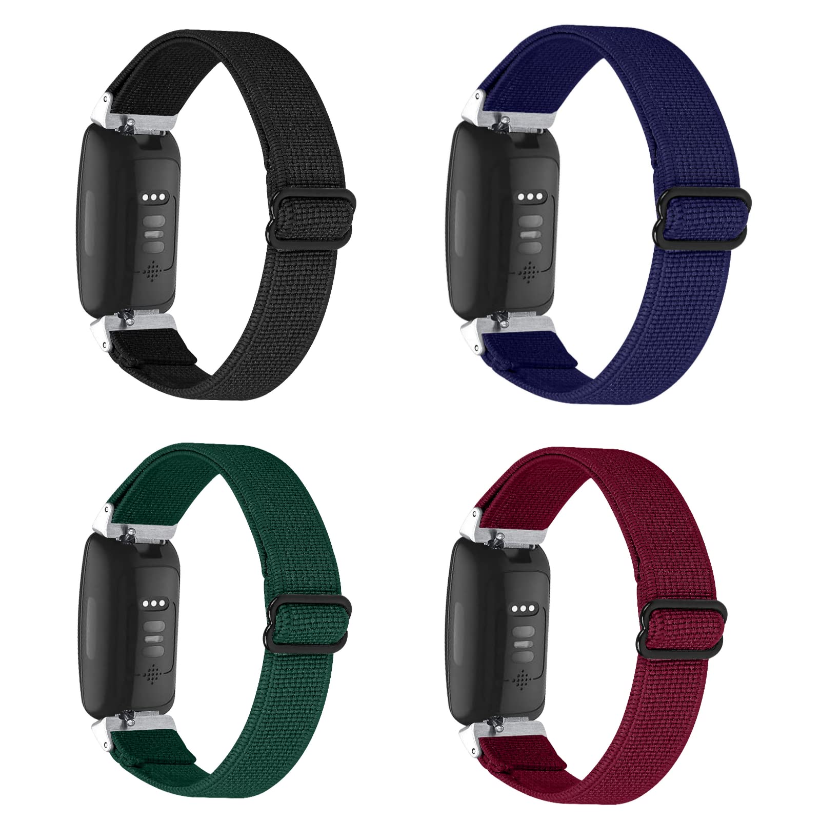 MORAN 4 Pack Nylon Elastic Band Compatible with Fitbit Inspire 2/ HR/Inspire Replacement Adjustable Stretchy Fabric Loop Strap Soft Wristband for Women Men (Black/ Midnight Blue/ Green/ Wine Red)