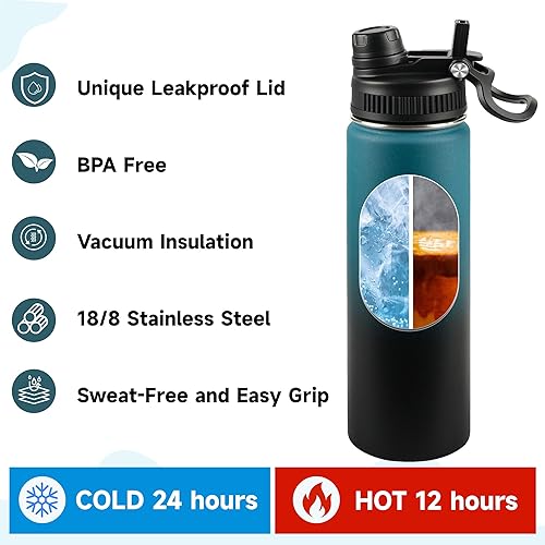 Miniatura 5 de Botella de agua aislada de 22 onzas, tapa 2 en 1 a prueba de fugas (sorbo/pajilla) + asa, botella de acero inoxidable para deportes, viajes, trabajo