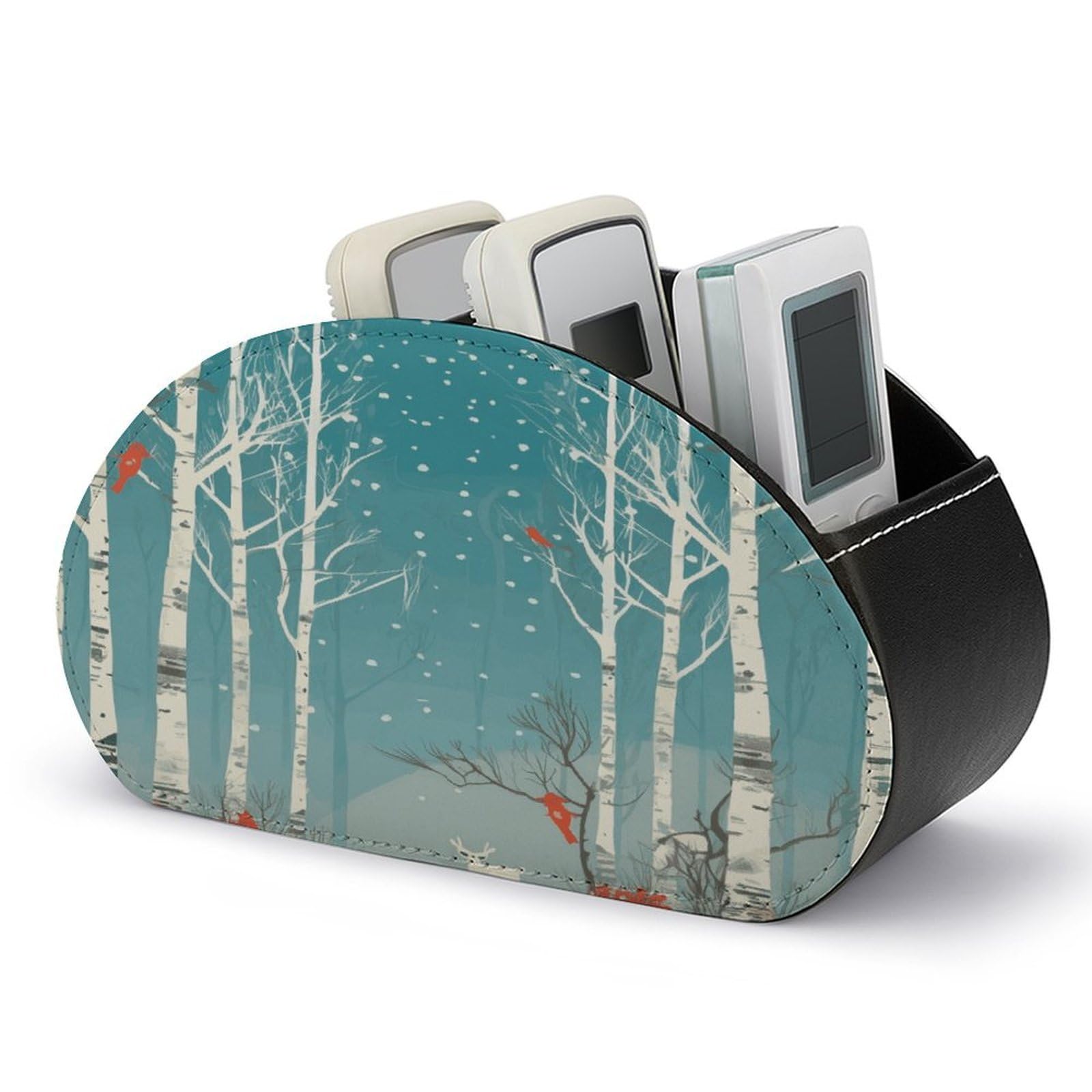 JTREHY Merry Christmas Birch Tree Remote Control Holder 5 Compartments Remote Caddy Tray PU Leather TV Remoter Storage Box Bedside Table Storage Organizer Office Desk Storage Case