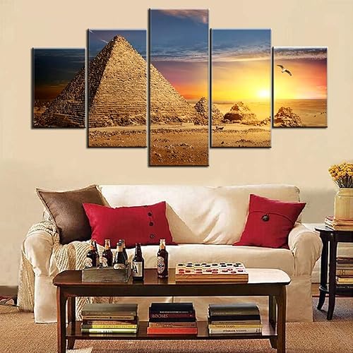 Miniatura 28 de Lienzo egipcio de 5 paneles, arte para pared, símbolos jeroglíficos en la pared, cuadros vintage de Egipto para sala de estar, impresiones HD, obras