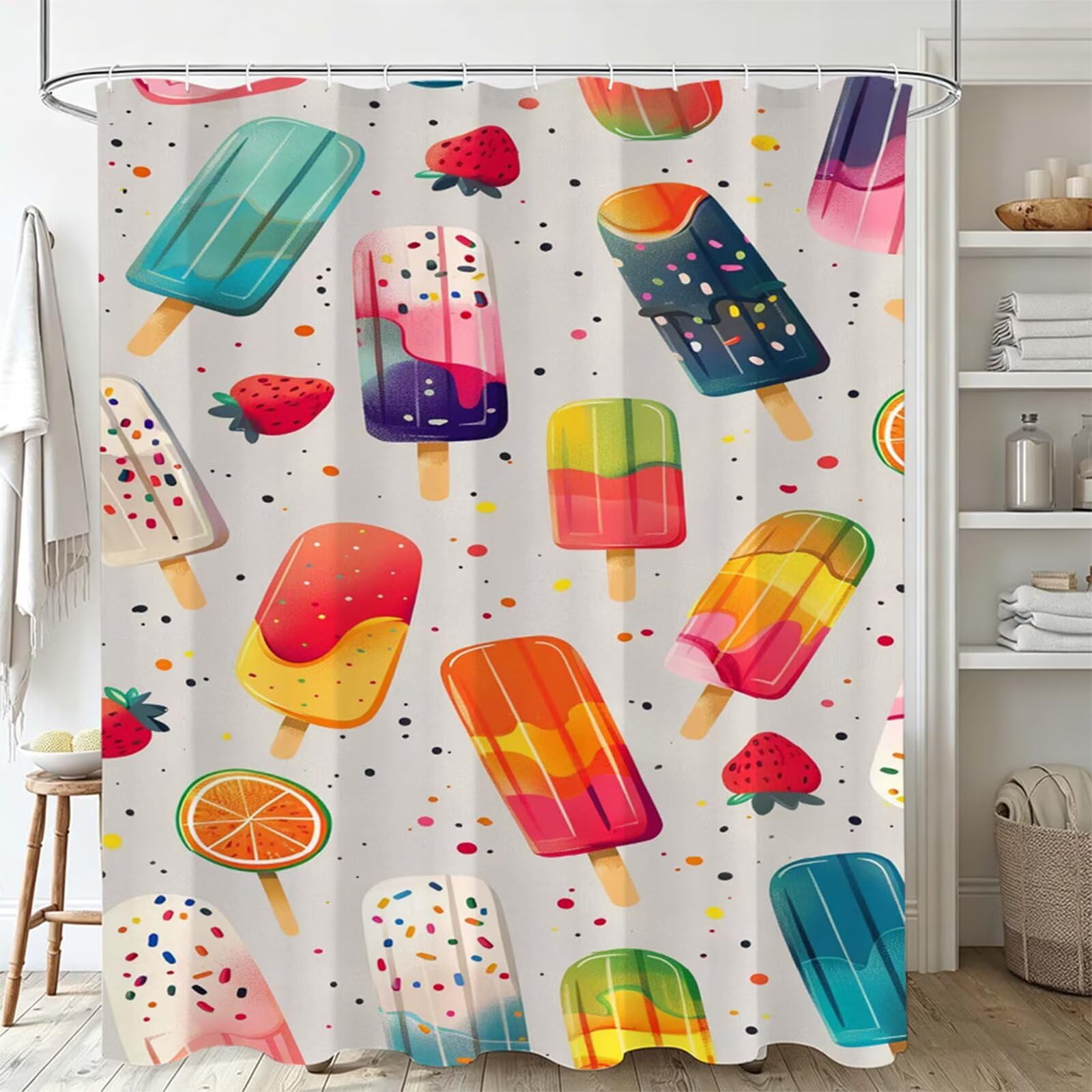 colorato Tenda Doccia 180x240cm,Tenda per Doccia Tessuto Poliestere Impermeabile Asciugatura Rapida con 12 Anelli,Tende Finestra Bagno e Vasca Pieghevole per Angolare Casa Shower Curtain gelato J-620