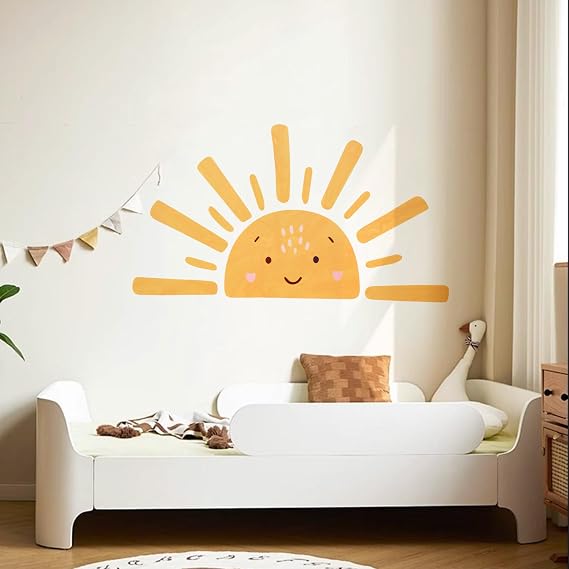 Smiling Half Sun Wall Decal, Here  The Son Sticker Baby Shower Decor, Sunrise Decoration Sticker, Cartoon Smiley Sun Decal, Kids Room Sun Wall Art Decoration