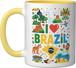 I Love Brazil Travel Souvenir Vacation Brazilian Roots Ceramic Mug, Yellow/White