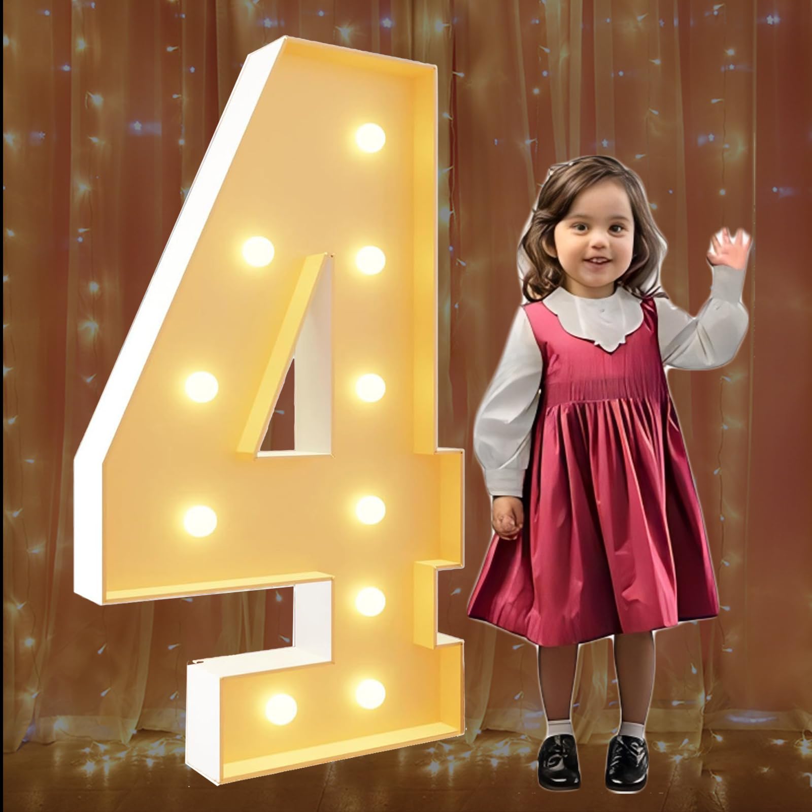4FT Marquee Light Up Numbers 4 Large Marquee Number for 4th 40th Birthday Party Decoration Giant Mosaic Number for Balloons Wedding Decor Pre-cut Frame