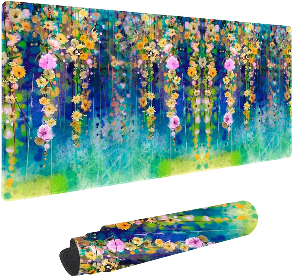 Abstract Watercolor Flowers Non-Slip Rubber Large Mouse pad for Desk,Large Gaming Mouse Pad XXL Extended Mouse pad with Stitched Edges Non-Slip Base