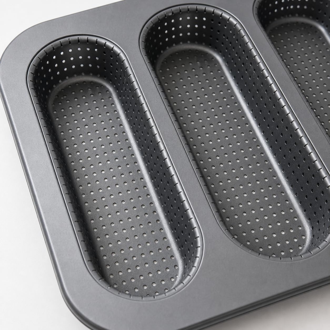 2 Pack Nonstick Carbon Steel Baguette Pan, 4-Cavity Perforated French Bread Baking Mold, Hot Dog Bun Pan for Homemade Bread, Mini Loaf, Sub Rolls and Baguettes, Gray
