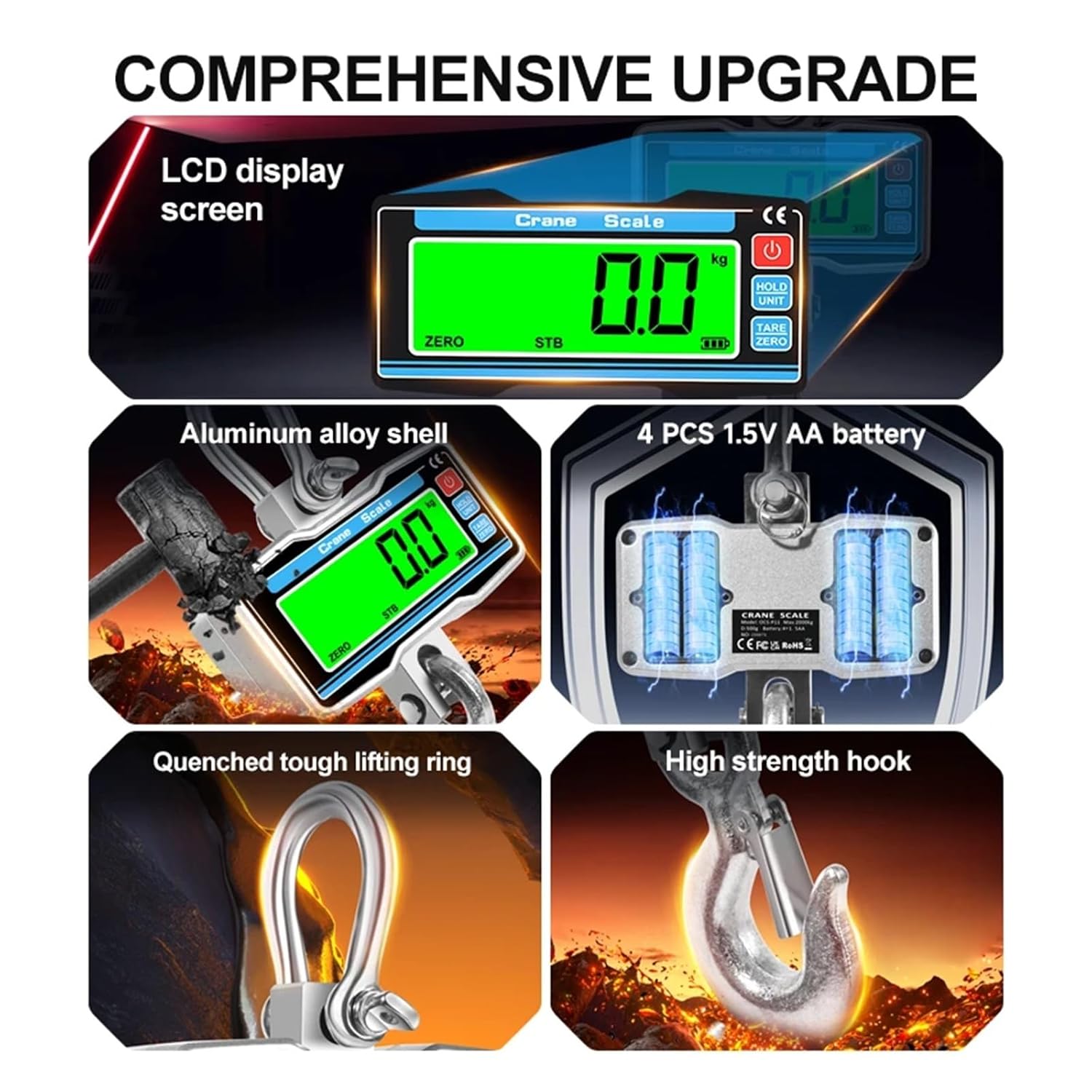 Hanging Scale Luggage Scales Digital Crane Electronic LCD Industrial Heavy Duty Steel Hook Strong Capacity