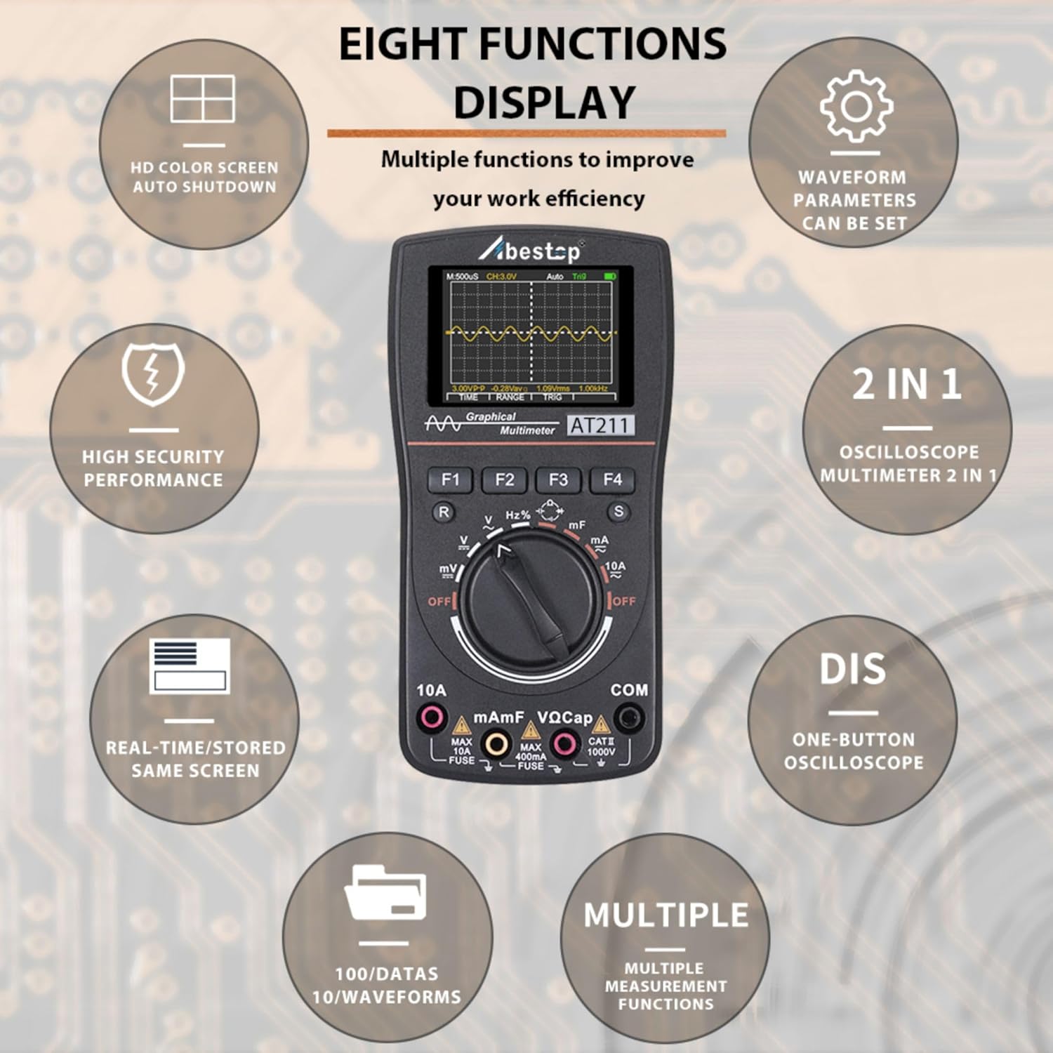 Abestop AT211 Oscilloscope Multimeter 2 in 1 Oscilloscope 1MHz Bandwidth 2.5Msps Sampling Rate Meter Function AC/DC Current/Voltage Tester