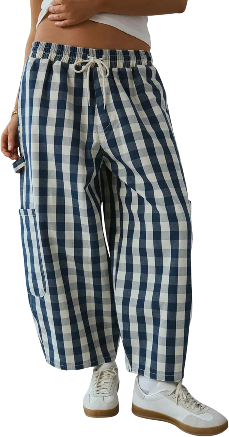 Omoone Wide Leg Barrel Sweatpants Women Gingham Print Crop Baggy Pants High Waisted Cotton Trousers with Pockets
