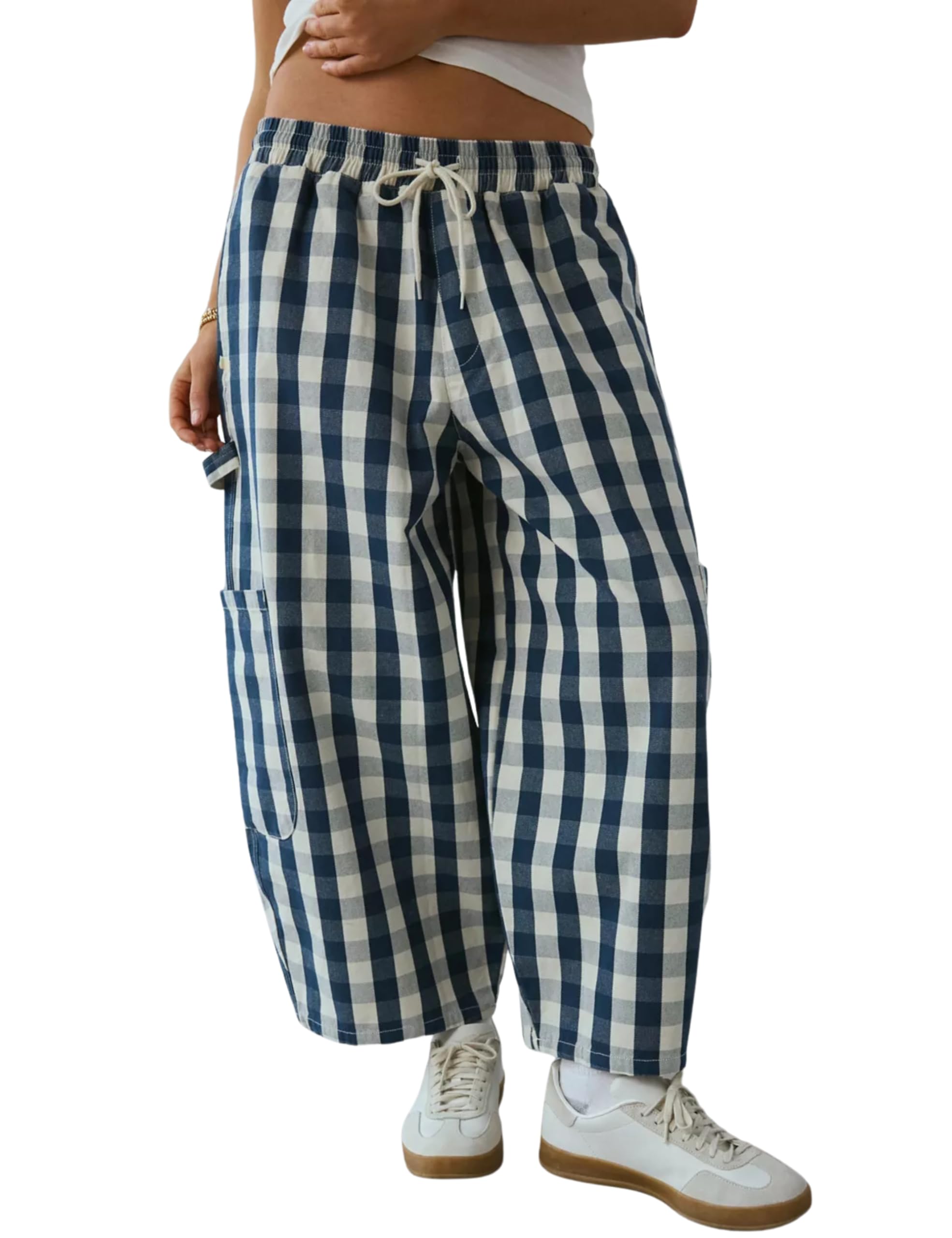 Omoone Wide Leg Barrel Sweatpants Women Gingham Print Crop Baggy Pants High Waisted Cotton Trousers with Pockets