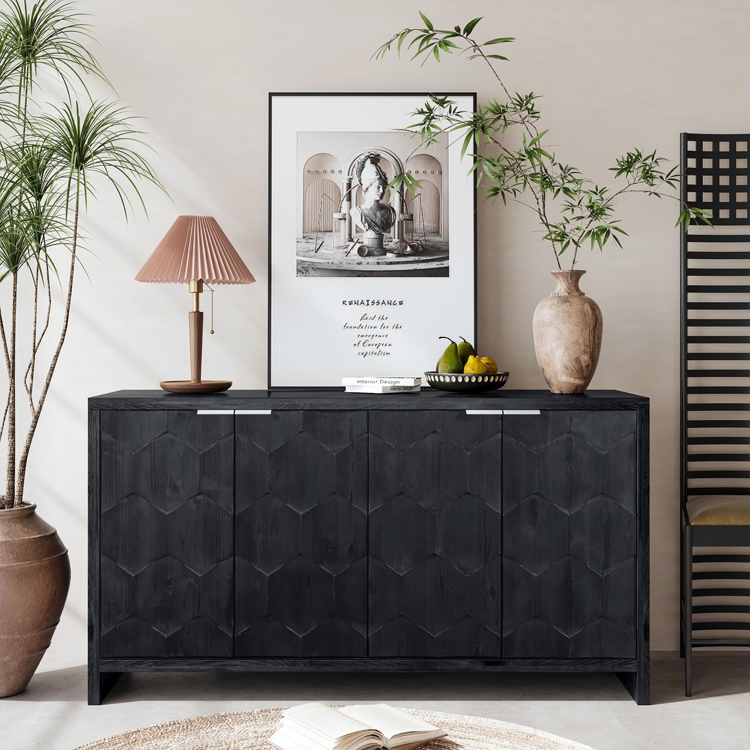 Walnut Carved Four-Door Sideboard with Gold Handles