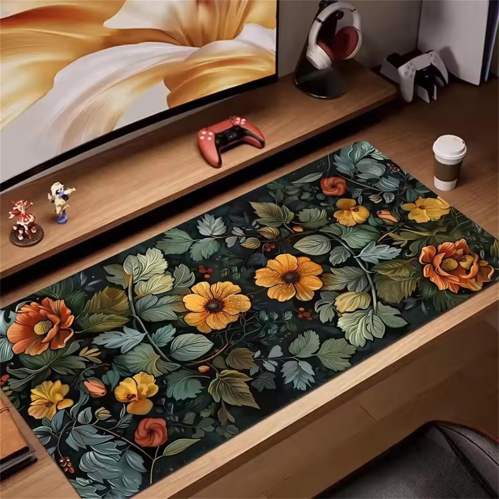 Tapis de Souris XXL Gaming 900 x 400 x 3mm, Grand Mouse Pad Fleur Jaune, Tapis de Bureau Antidérapant avec Bords Cousus pour Clavier, PC et Maison