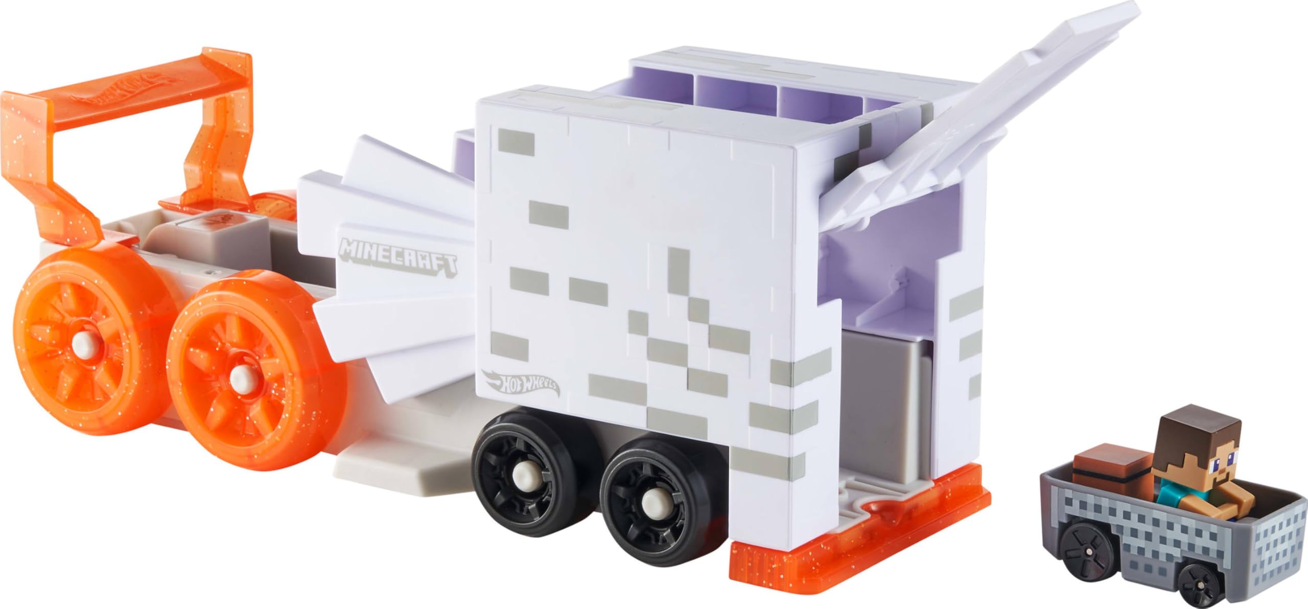 Hot Wheels RacerVerse Minecraft Ghast - Set di pista per auto giocattolo, lanciatore e trasportatore su larga scala con veicolo Steve pressofuso