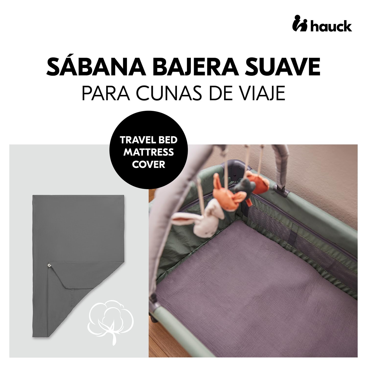 hauck Sabana Bajera Cuna 60x120 Travel Bed Mattress Cover para Cuna de Viaje, Sabanas Cuna Muselina de Algodón 100% Transpirable, Bajera Cuna Ajustable, Higiénicas Lavables a 60° C - Gris