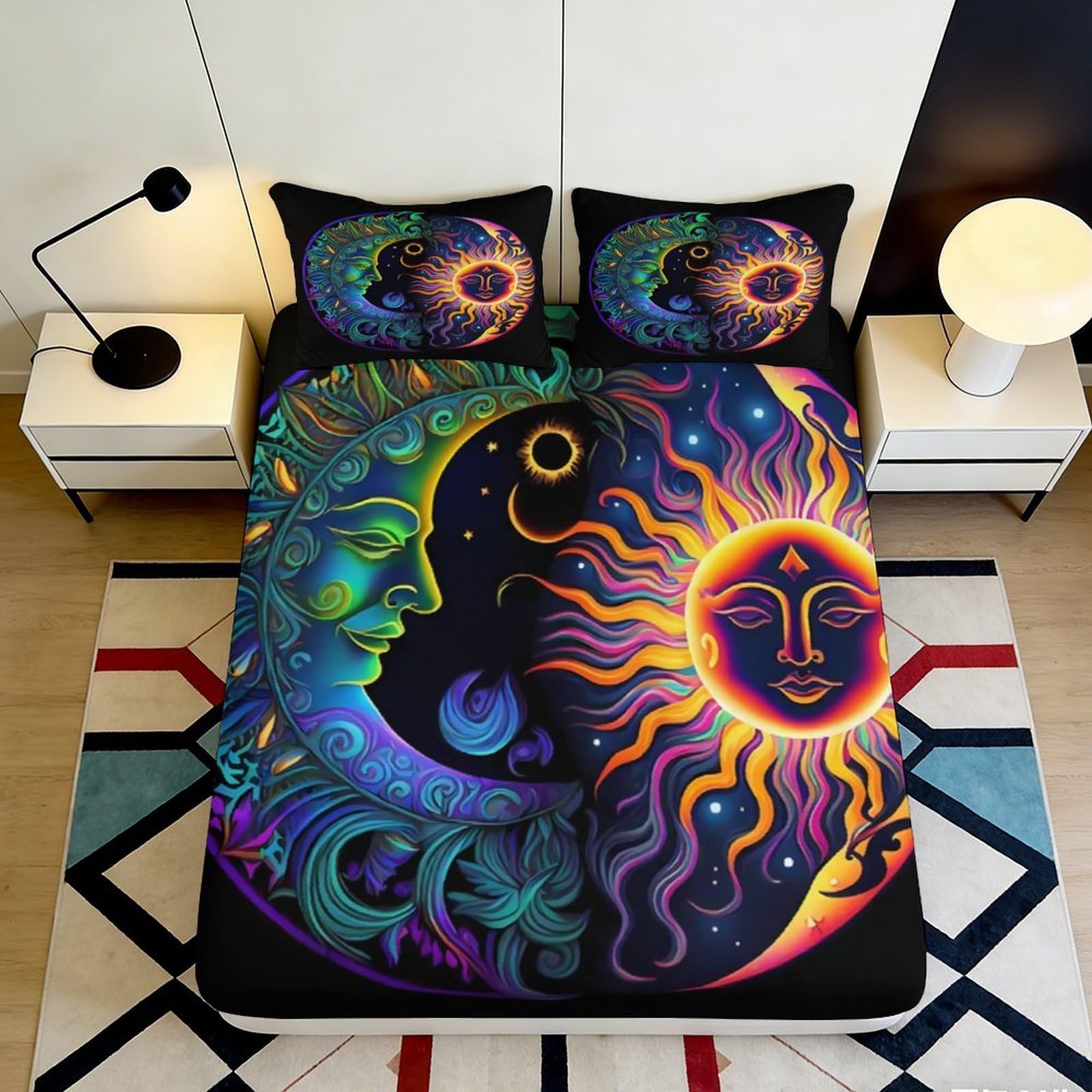Uynsixtme Style-1 3D Printed Sun Moon Fitted Sheet Microfiber Deep Pocket Bedroom Bedding Sun Moon Mattress Fitted Cover Non-Slip For Adults Teens 140X200x25cm