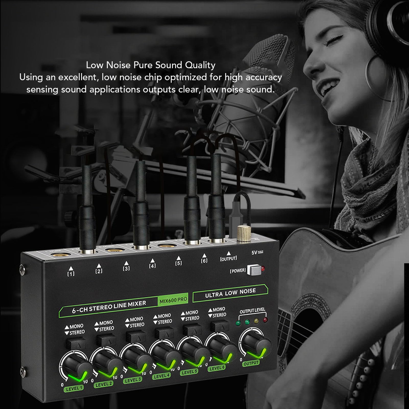 Mixer a 6 Canali - Mixer Audio Stereo Mini 6, Basso Rumore per Sub-mixing di Precisione, Mixer di Linea Stereo Ideale per Microfoni, Chitarre, Bassi, Palco, Porta da 6,35 Mm