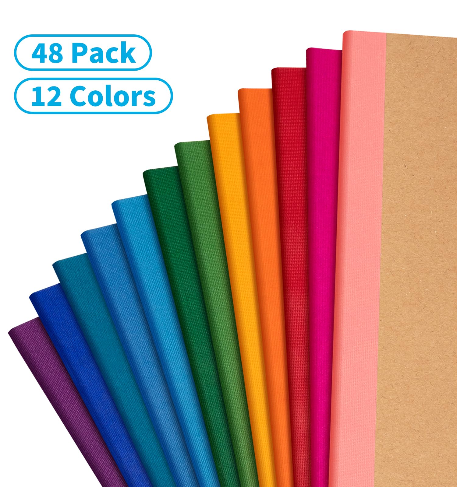 Paquete de 48 cuadernos rayados a granel, 7-1/2 x 9-3/4 pulgadas, papel rayado ancho, 30 hojas/60 páginas, cubierta kraft con lomos arcoíris, cuaderno de composición rayado de 12 colores para el