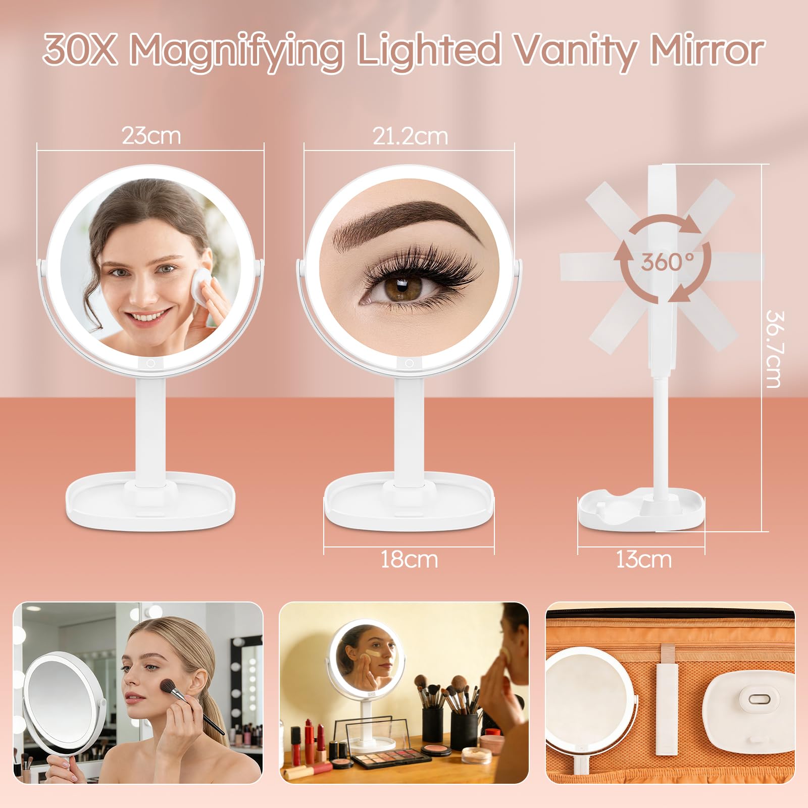 Sprifityy Specchio Trucco con Luci,30X/1X a doppia faccia specchio d'ingrandimento,Specchio ingranditore ricaricabile con luce,3 modalità di colore e luminosità regolabile, con tweeezer