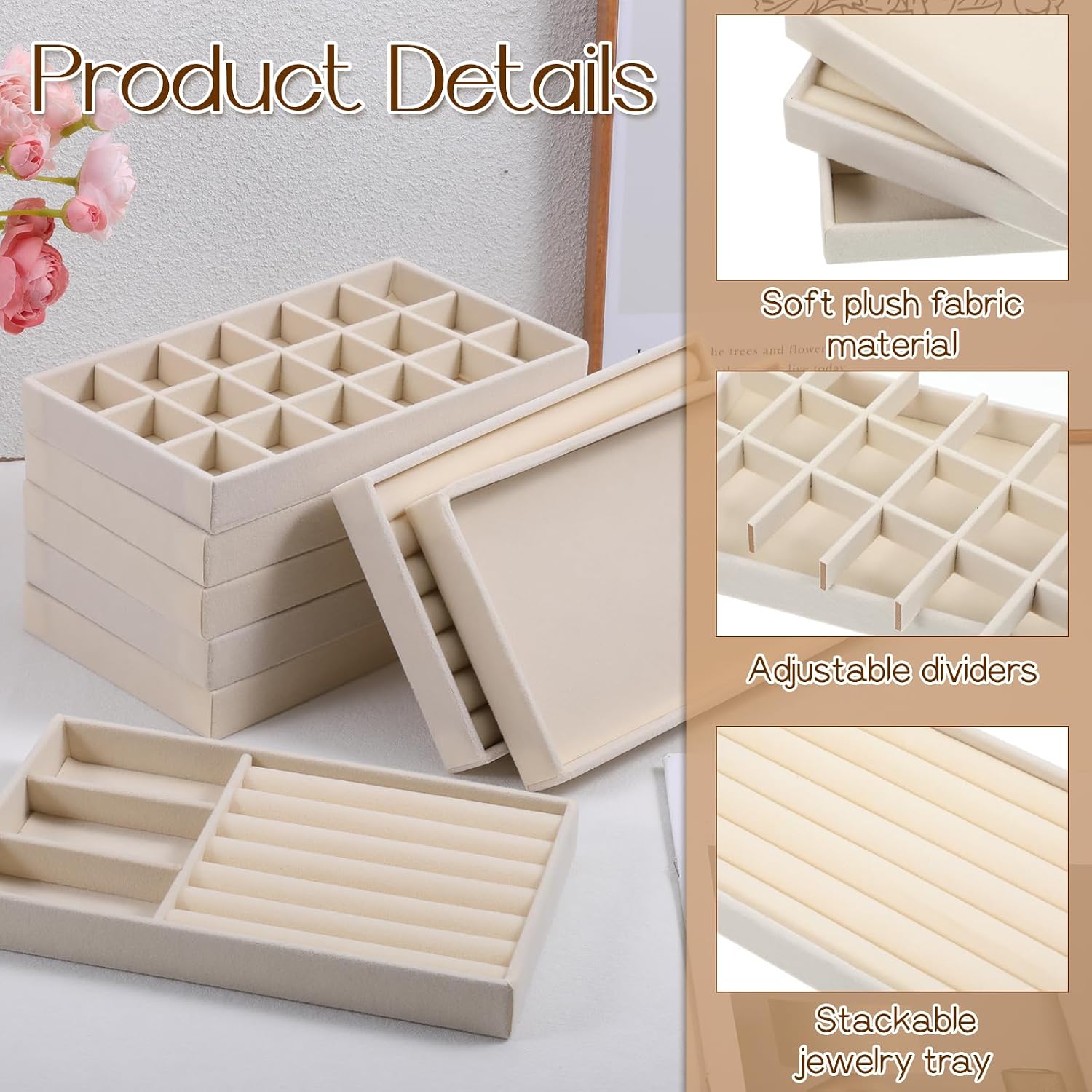 10 Pack Beige Jewelry Organizer Tray, Jewelry Drawer Organizer Inserts with Removable Dividers Stackable Velvet Ring Earring Storage for Rings Earrings Necklace Bracelet Watch Storage